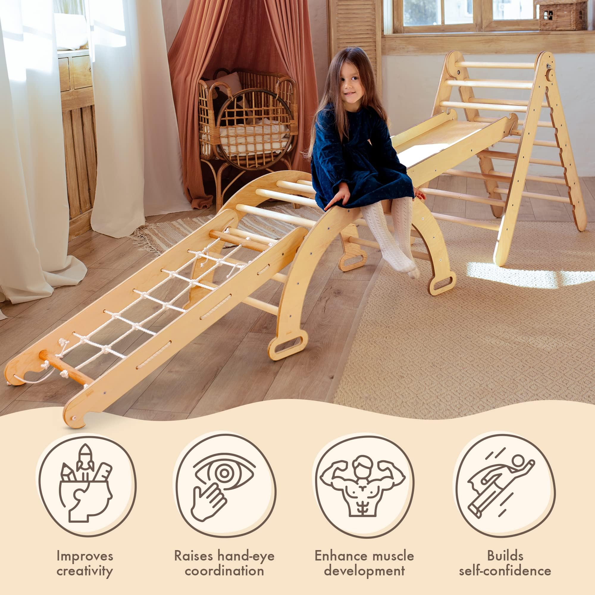 5 in 1 Montessori Indoor Climbing Frame for Kids - Wooden Play Gym with Pikler Triangle, Arch, Climbing Ramp, Net & Cushion - Baby Gym Set for Toddlers Age 1-5 (XL Size) - Perfect for Home Playroom, Daycare & Montessori Learning Activities
