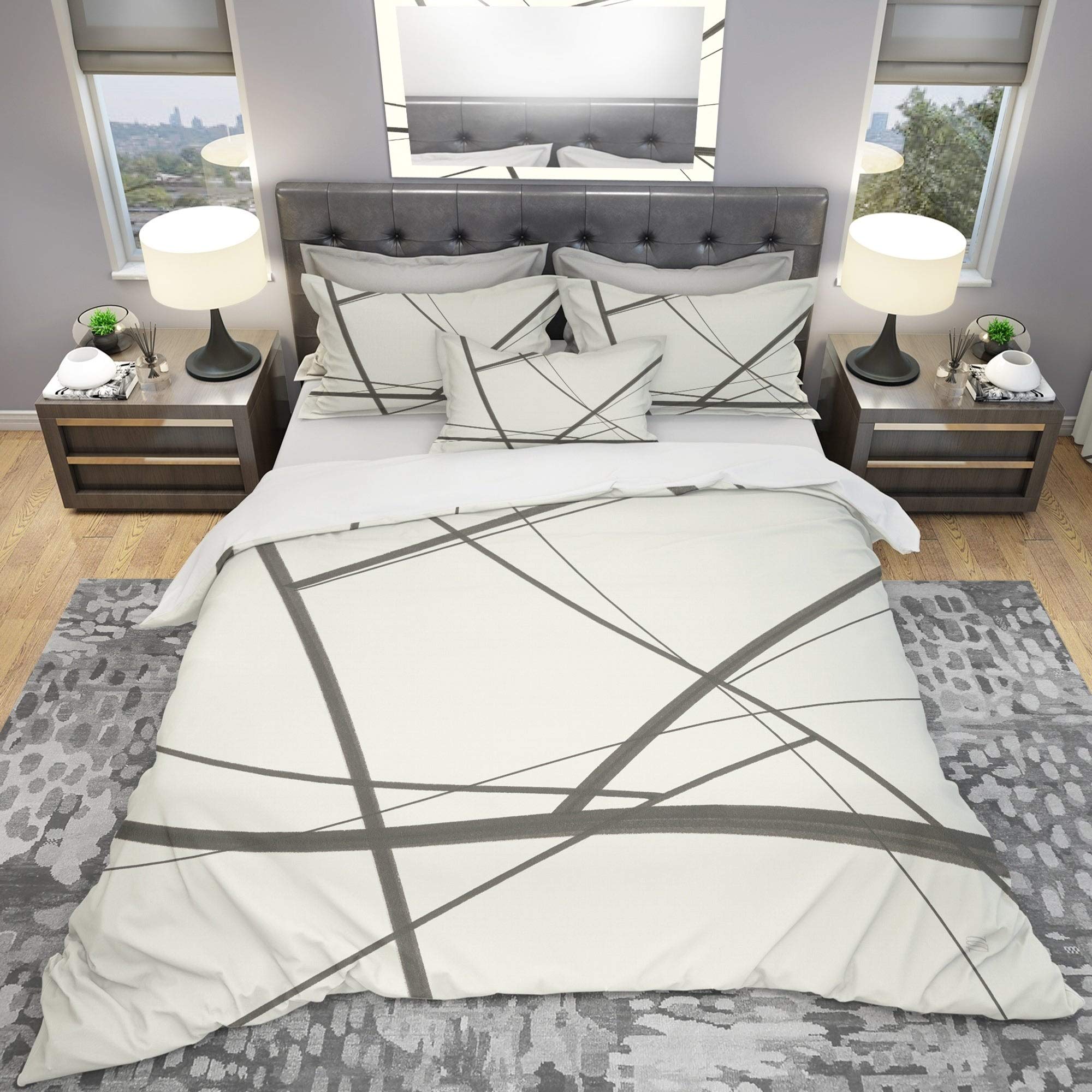 Designart Minimalist Black and White Geometric Duvet Cover Set - Full/Queen Size Bedding with 2 Pillow Shams (Comforter Not Included) | Modern Abstract Pattern for Contemporary Bedroom Decor