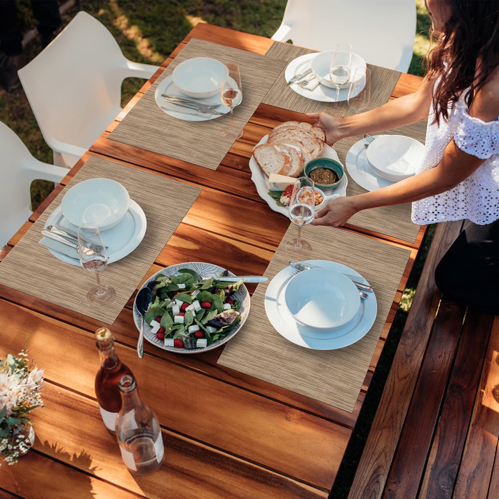 U'Artlines Heat-Resistant PVC Placemats Set of 6 - Stain Proof, Non-Slip, Washable Vinyl Table Mats for Dining Room, Kitchen & Outdoor Use (Beige)