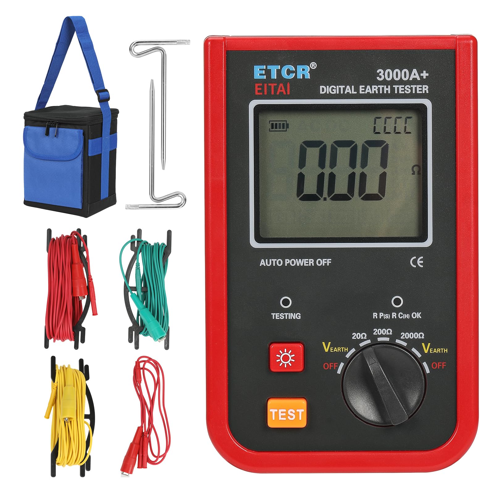 EITAI-ETCR3000A+ Digital Ground Resistance Tester 0-2kΩ, 0-200V - Professional Earth Ground Rod Resistance Meter for Electrical Safety Testing - Perfect for Electricians, Engineers & Industrial Maintenance