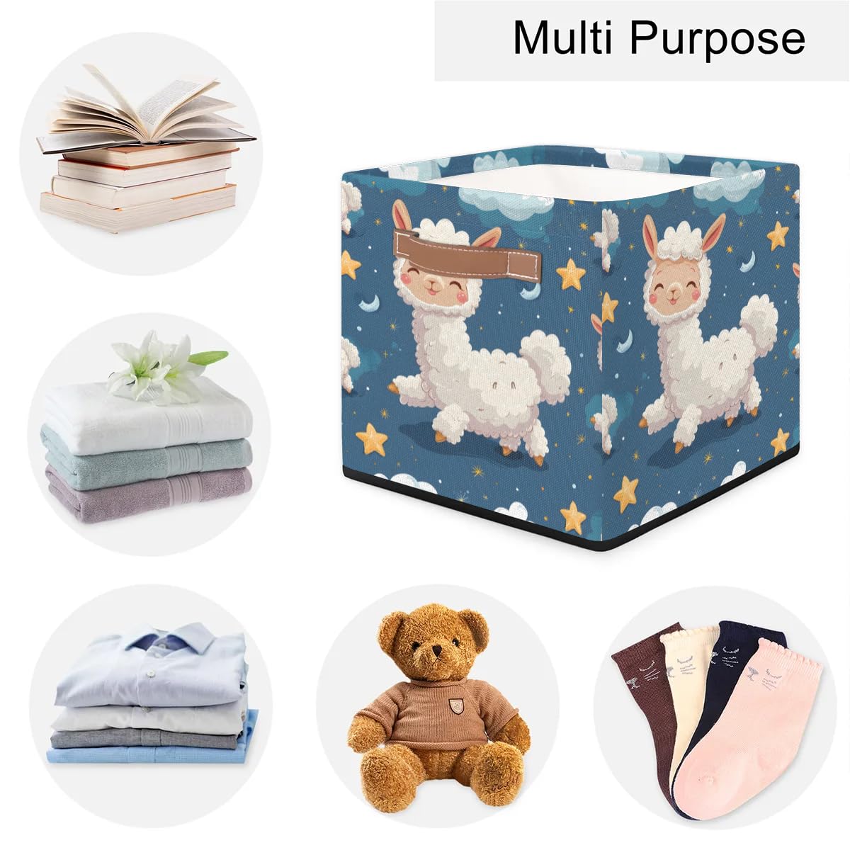 13 Inch Alpaca Gray-Blue Collapsible Storage Basket with Leather Handle - Foldable Organizer Bin for Closet, Shelves & Home Decor | Perfect for Bedroom, Bathroom & Nursery Organization