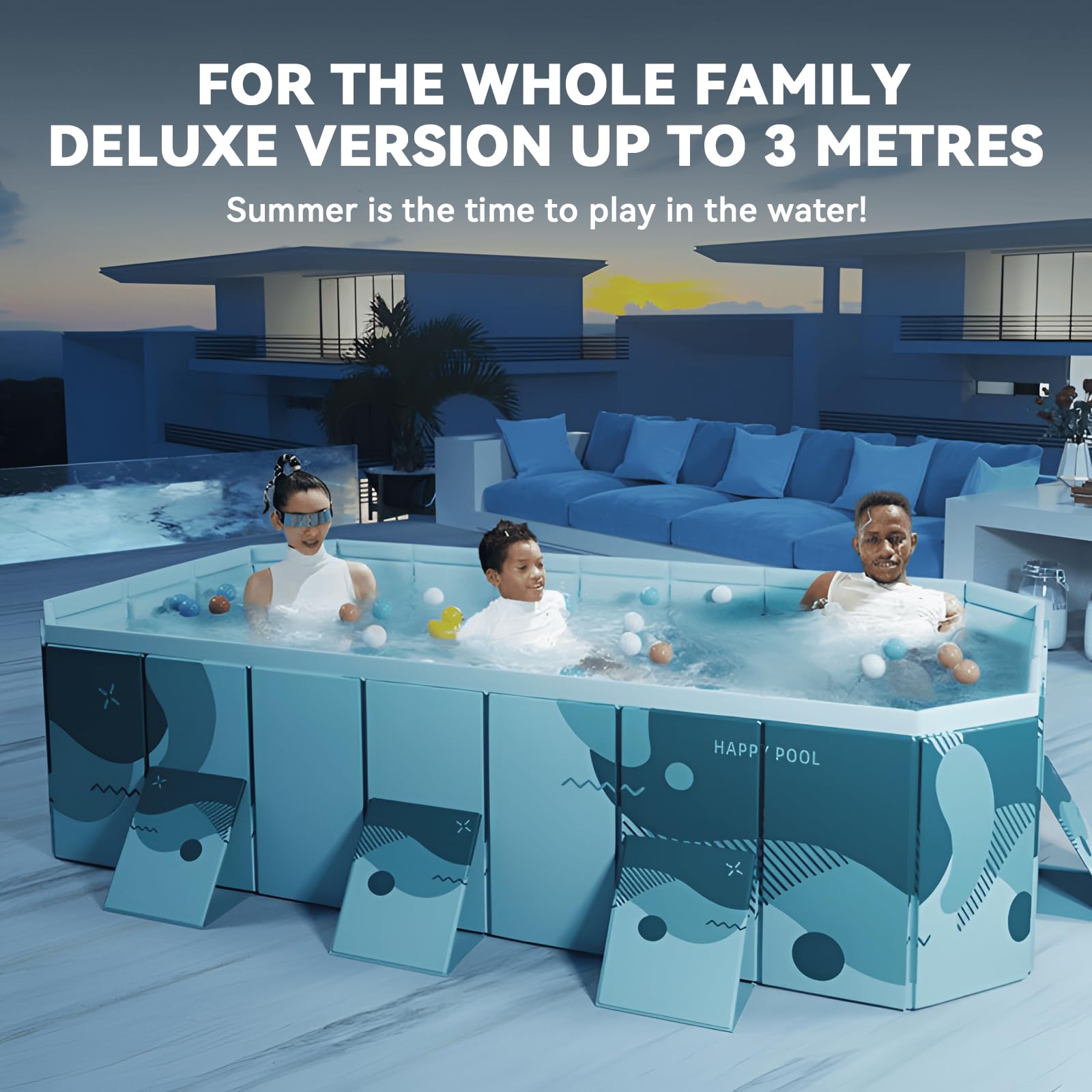 Foldable Above Ground Swimming Pool - 3m Rectangular Outdoor Family Pool with Drain Plug & Easy Assembly | Perfect for Backyard, Garden, and Summer Fun (Style B)
