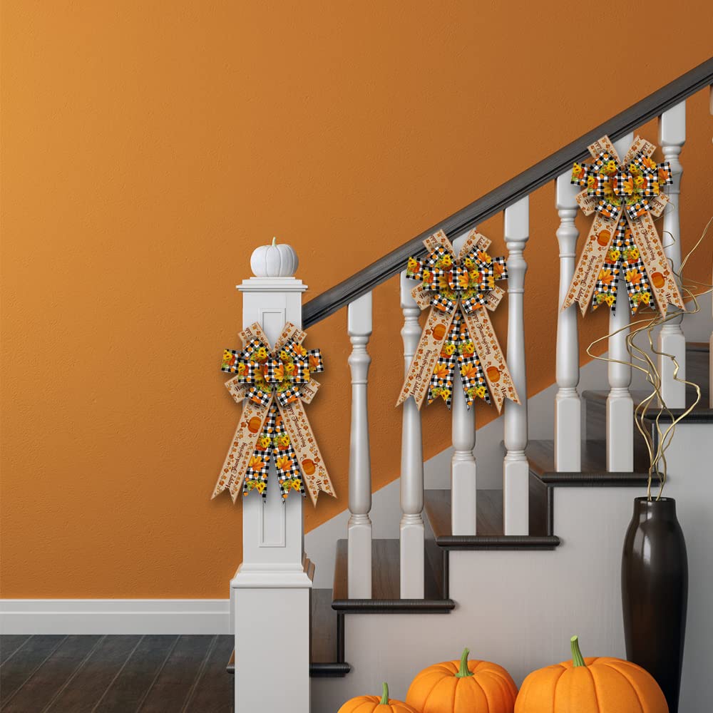 Large Fall Wreath Bows - Thanksgiving Decorations with Pumpkin Words & Buffalo Plaid Burlap - Perfect for Wreaths, Tree Toppers, and Indoor/Outdoor Home Decor - Festive Autumn & Thanksgiving Ornament Supplies
