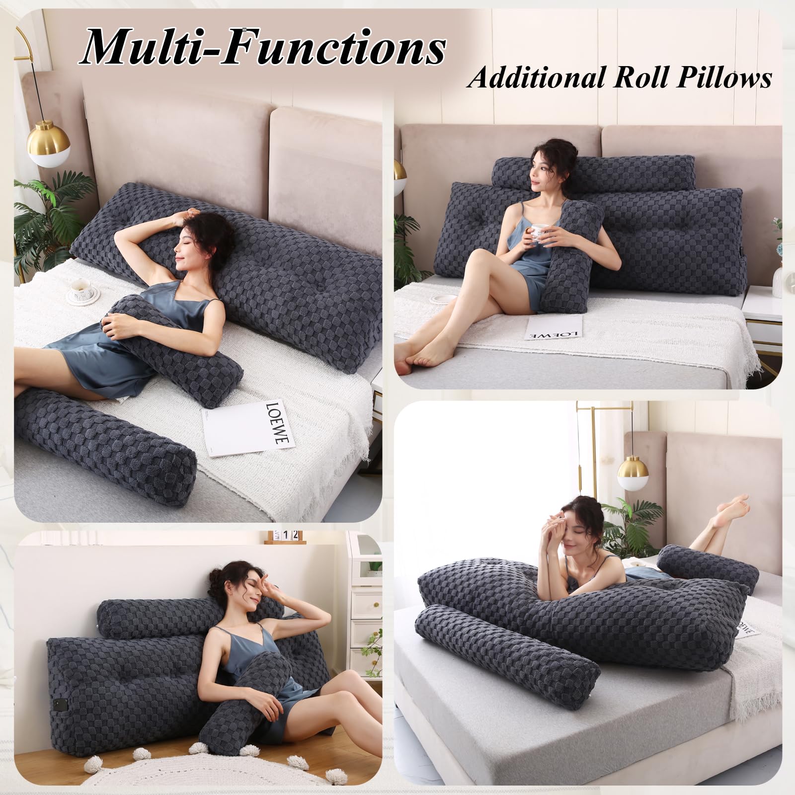 **Premium Wedge Headboard Pillows Set - Long & Short Bolster Pillows for Bed Backrest, Sitting Comfort, and Support | Perfect for Reading, Watching TV, and Relaxing in Bed**