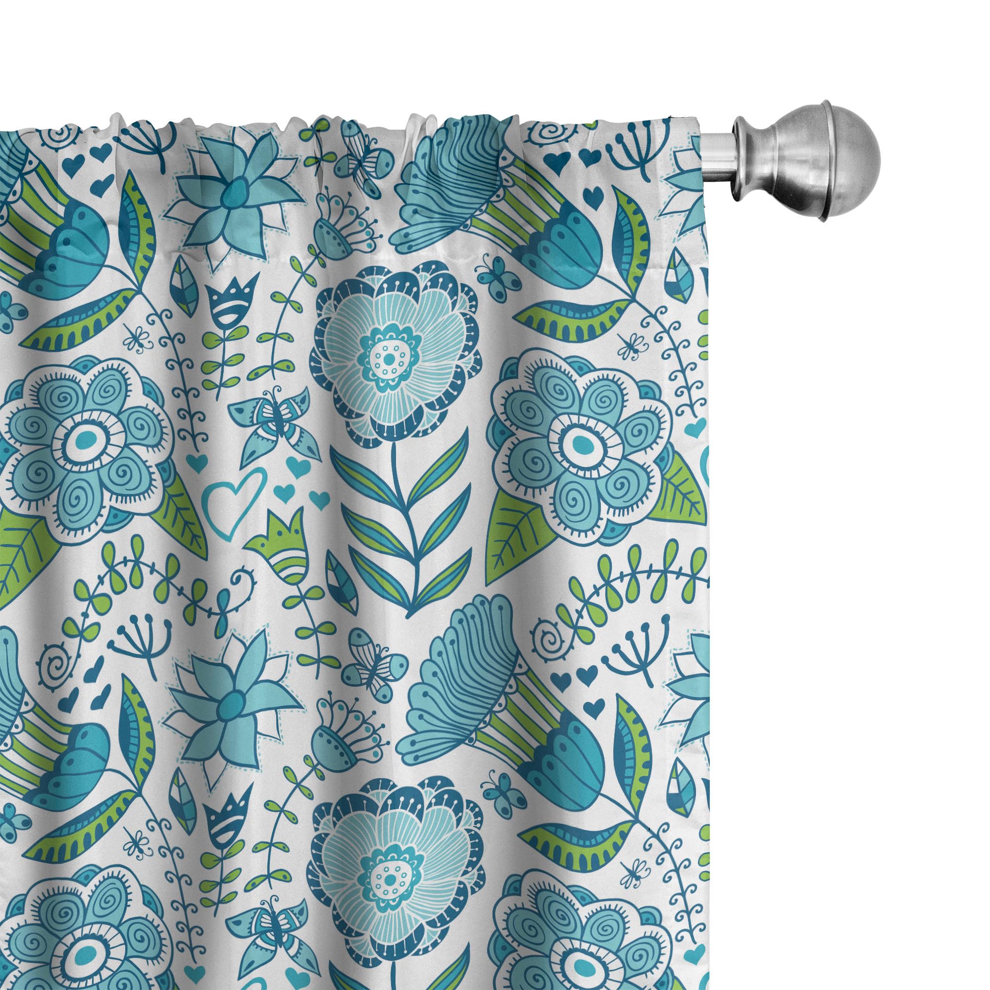Ambesonne Nature-Inspired Window Curtains - Blue & Green Doodle Floral with Butterflies & Dragonflies, Lightweight 2-Panel Set with Rod Pocket, 28