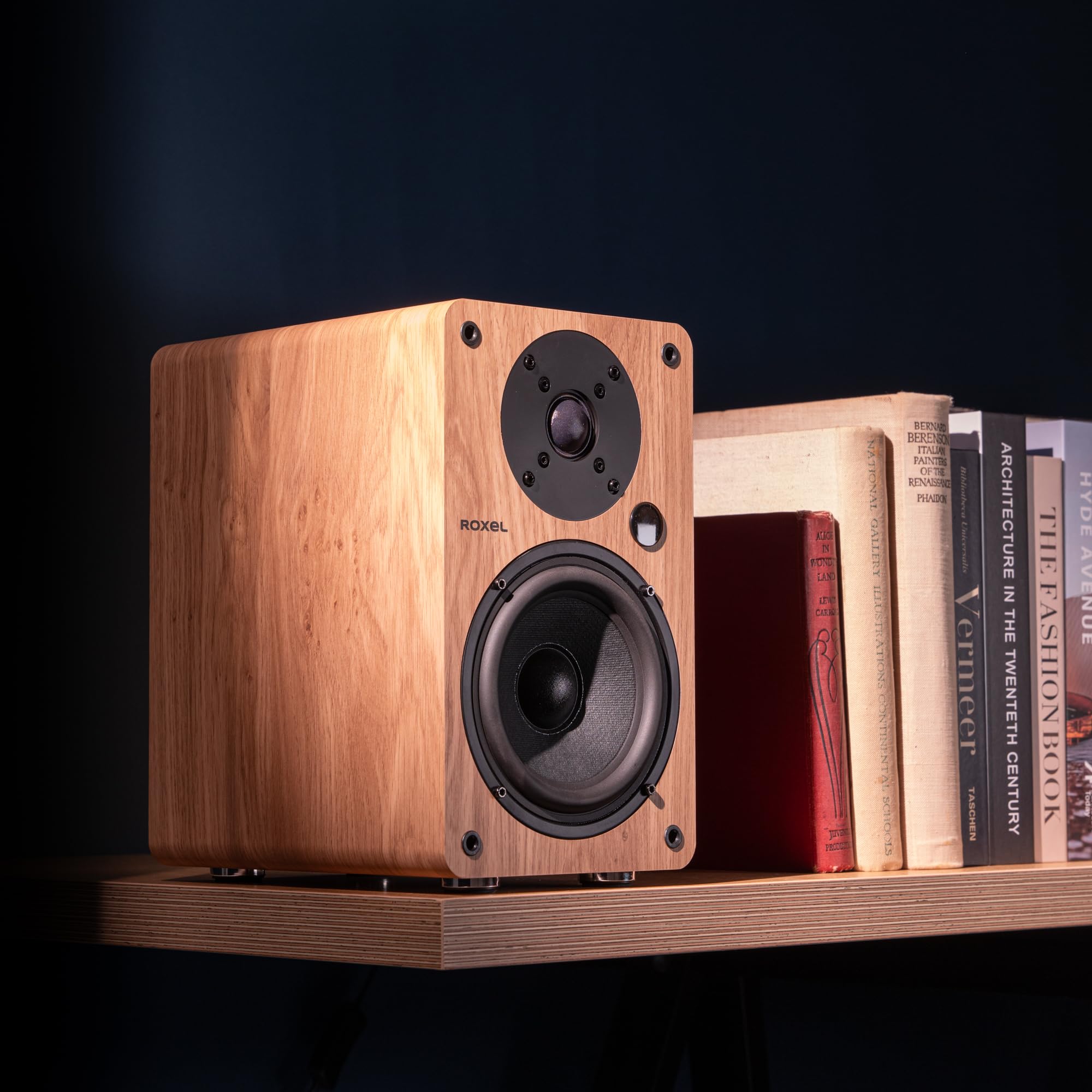 Roxel Onyx Active Bookshelf Speakers - 100W RMS Power, Bluetooth 5.0 Wireless Streaming, HDMI ARC, 3m Speaker Cable - Premium Sound for Home Theater, Music & Office Use (Oak Finish) - Perfect for Movie Nights, Gaming & Audiophile Listening