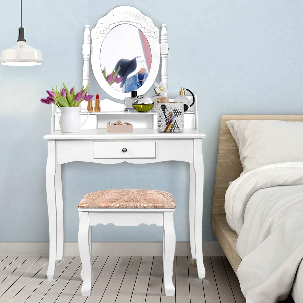 Byroce Vanity Desk Set with Oval Mirror & Cushioned Stool - White Makeup Dressing Table with 3 Drawers for Women & Girls | Perfect for Bedroom, Dorm Room, and Beauty Salon Decor