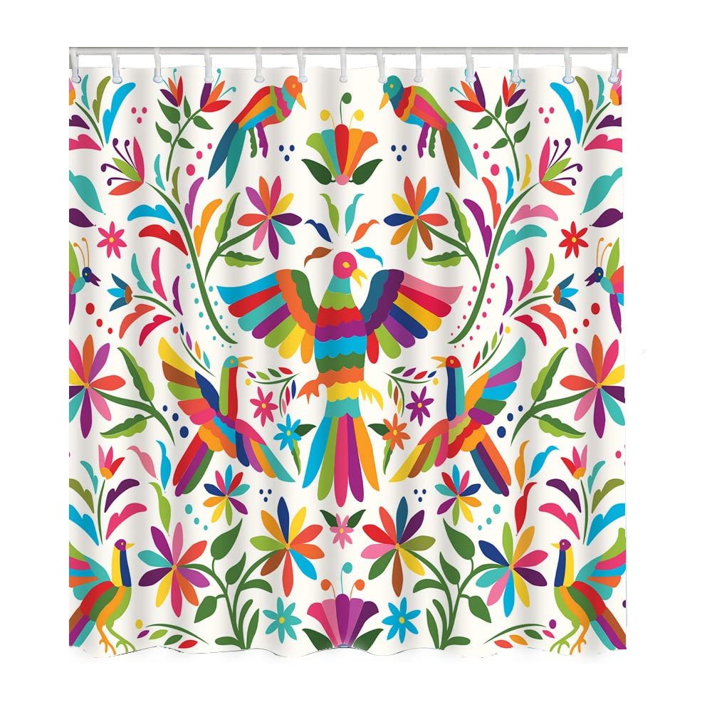 Zaueky Floral and Birds Shower Curtain - Colorful Mexican Traditional Embroidery Fabric Bath Curtain Set with 12 Hooks, 72x72 Inch - Perfect for Boho, Vintage, and Farmhouse Bathroom Decor