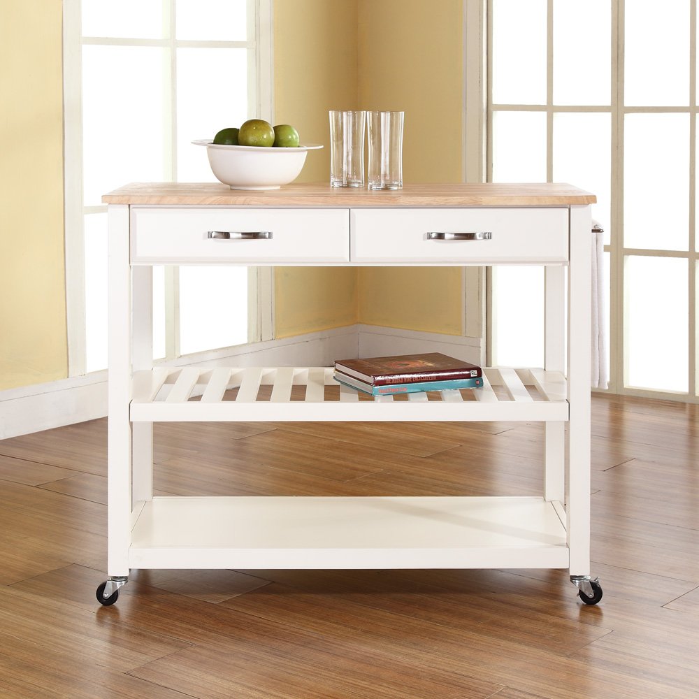 Crosley White Wood Top Kitchen Prep Rolling Cart with Shelves & Drawers - Microwave Stand, Coffee Bar Station for Small Spaces - Perfect for Apartments, Dorms & Compact Kitchens
