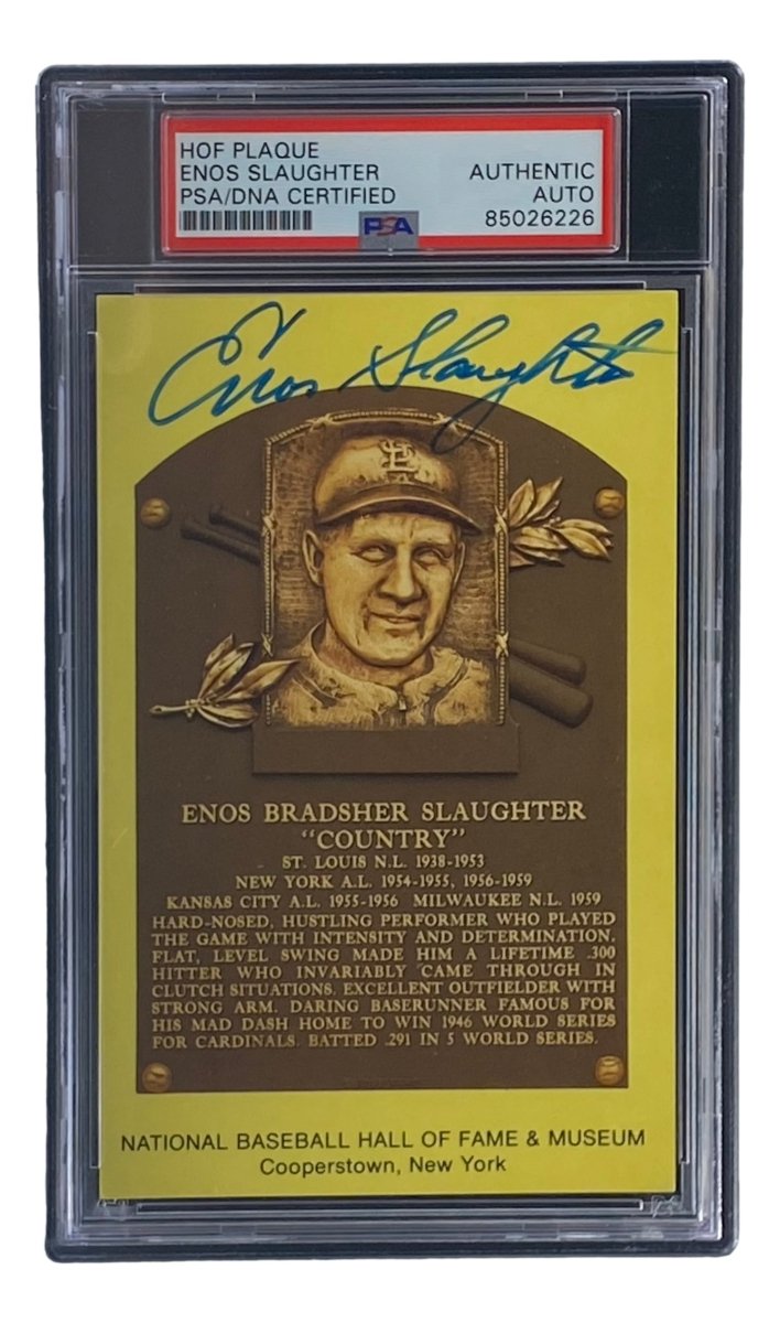 Enos Slaughter Autographed 4x6 St. Louis Cardinals HOF Plaque Card - PSA/DNA Certified #85026226 - Perfect for Baseball Memorabilia Collections & Sports Fan Gifts