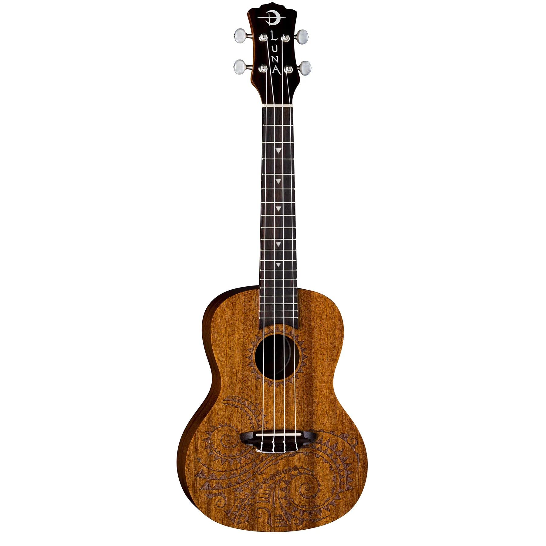 Luna Tattoo Concert Mahogany Ukulele with Gig Bag - Satin Natural Finish - Perfect for Beginners, Travel & Live Performances
