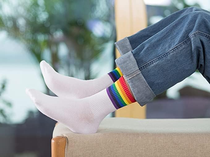 6 Pairs Rainbow Striped Retro Crew Socks for Women - Athletic Running Socks, Casual Cotton Socks (Black & White) - Lightweight & Breathable for Spring & Summer - Perfect for Gym, Running, Workout and Daily Wear