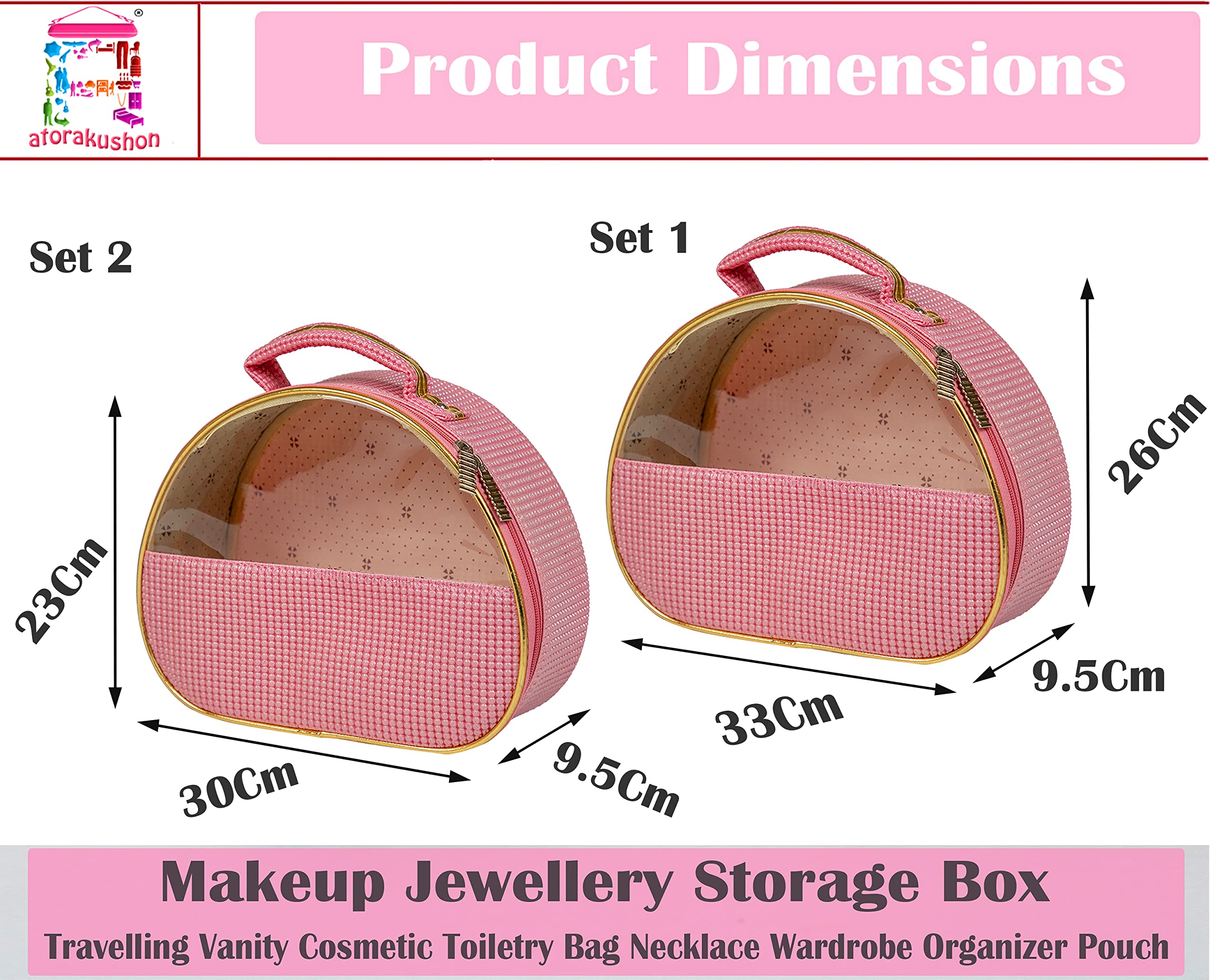 Atorakushon Fabric Travel Pouch Set - 2 Pack Pink Zippered Cosmetic Organizer Bags (Different Sizes) | Waterproof Toiletry Kit for Men & Women | Perfect for Makeup, Jewelry, Travel Essentials & Daily Use at Home, Gym, or Vacation