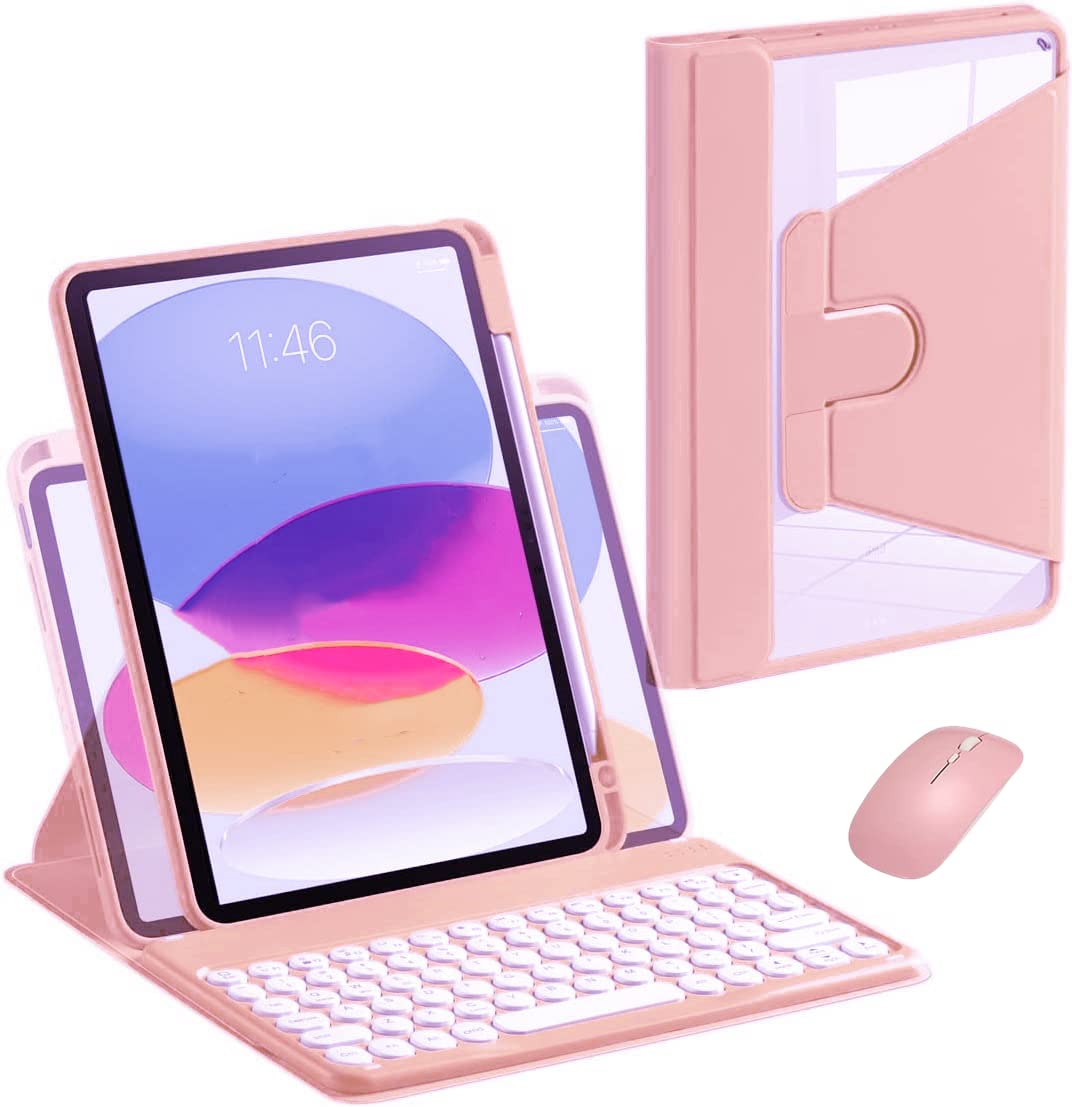 AnMengXinLing iPad Air 5/Air 4 & iPad Pro 11 (2022/2021/2020) Keyboard Case with Detachable Round Mouse - Rotating Smart Clear Cover with Apple Pencil Holder (Pink) | Perfect for Work, Study & Travel