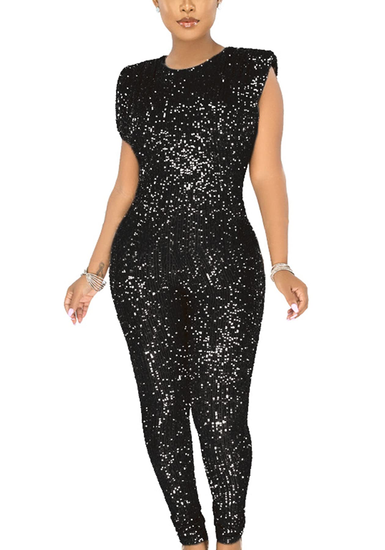 Tcremisa Women's Sexy Sequin Sparkling Sleeveless Jumpsuit | Shiny One-Piece Romper | Clubwear & Party Outfit for Nightlife, Date Nights & Special Occasions