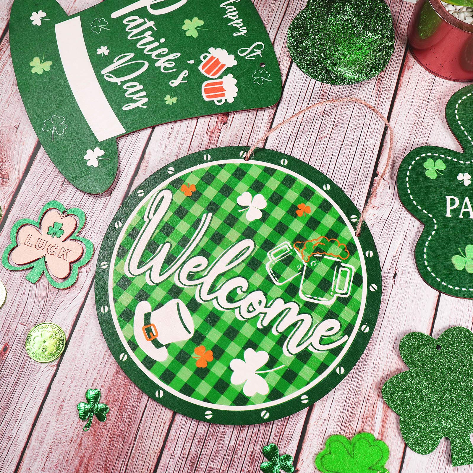 Jetec 3-Piece St. Patrick's Day Wooden Shamrock Wreath Set - Irish Front Door Hanging Decor, Green Welcome Sign for Home Wall & Door - Perfect for Irish-Themed Parties, Pub Decorations & Spring Festival Celebrations