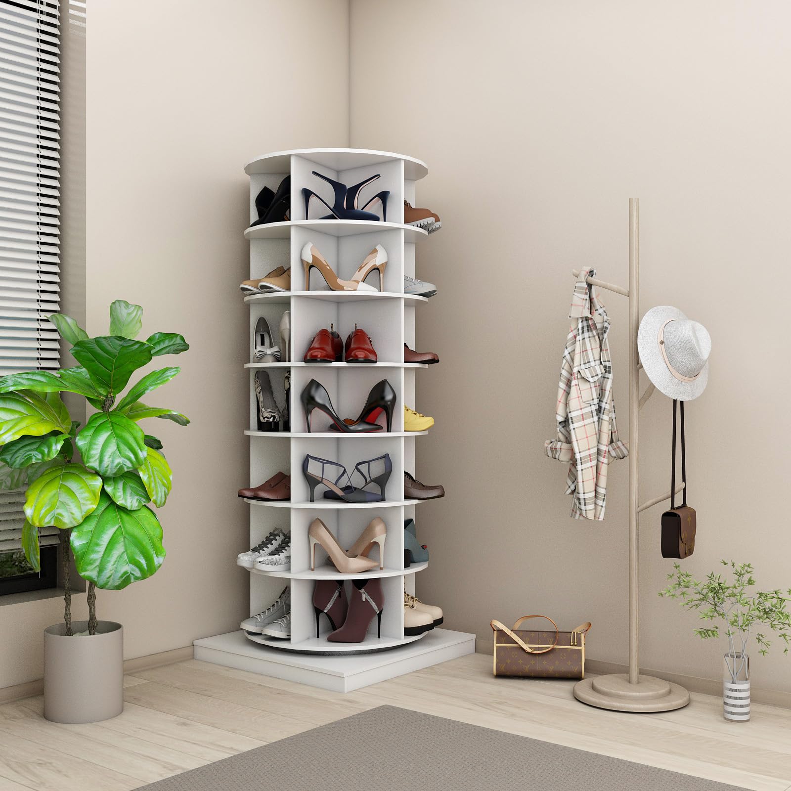 360° Rotating Shoe Rack Tower - 7 Tier Spinning Shoe Organizer Holds 35 Pairs | White Revolving Shoe Storage with Lazy Susan Base | Space-Saving Entryway, Closet & Corner Solution for Home, Apartment & Dorm Organization