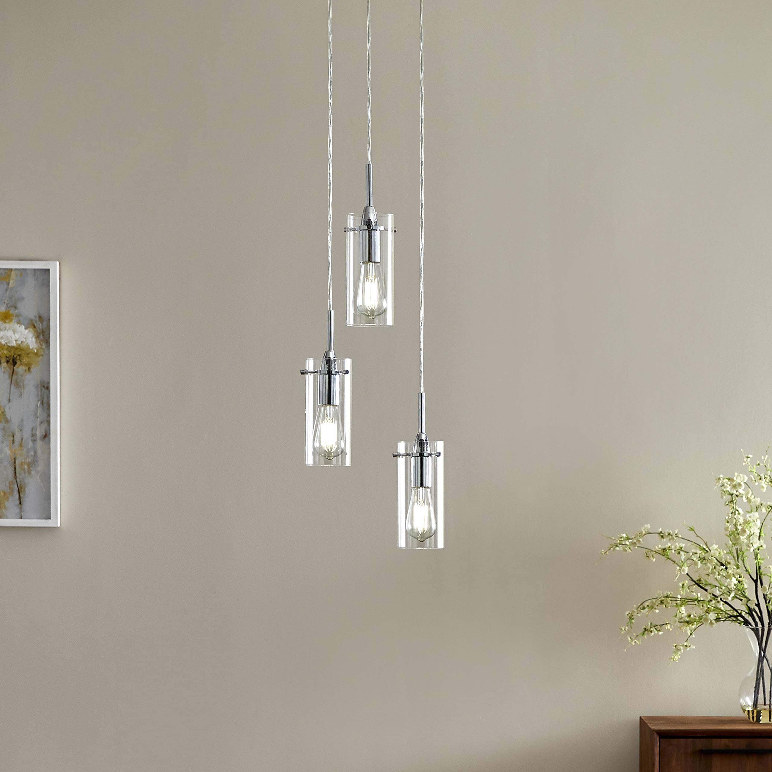 Liara Effimero 3-Light Cluster Pendant - Modern Brushed Nickel Chandelier for Foyer, Entryway & Staircase - Elegant Lighting Solution for High Ceilings & Stairwells - Perfect for Contemporary Home Decor & Interior Design