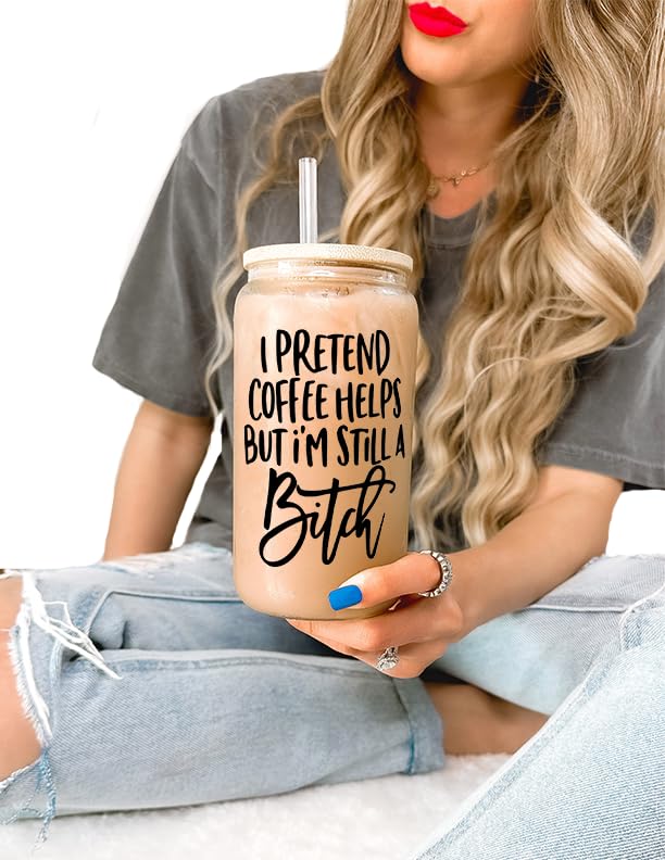 Funny Iced Coffee Glass with Lid & Straw - 16oz Insulated Coffee Mug for Hot & Cold Drinks, BPA-Free Libby Glass - Perfect for Home, Office & Gifts | Humorous 'I Pretend Coffee Helps' Design