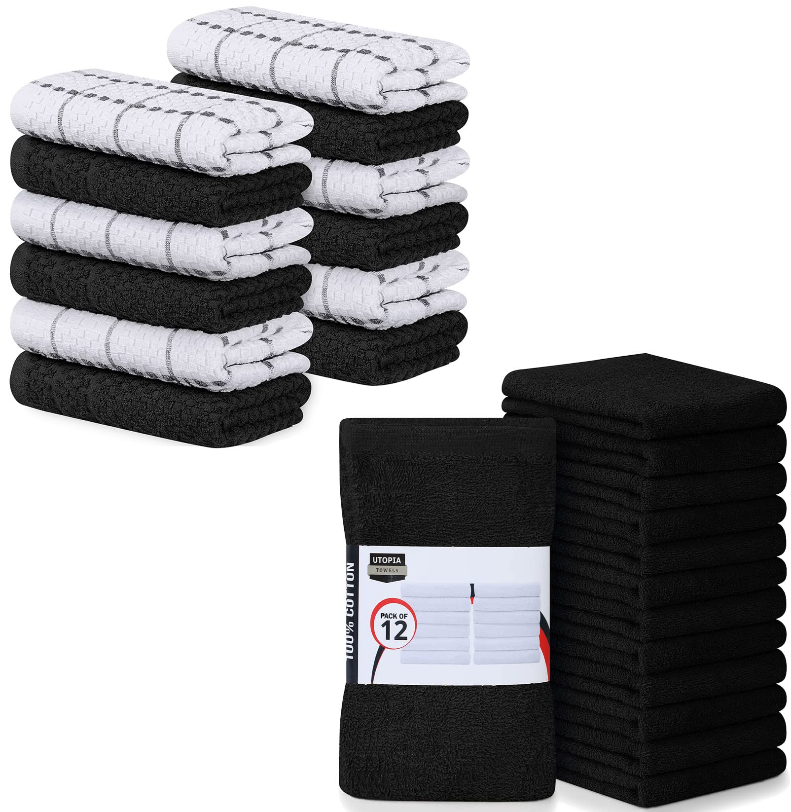 **Utopia Towels 24-Pack Kitchen Dish Towels & Bar Mops - 12 Tea Towels & 12 Bar Towels - 100% Ring Spun Cotton - Soft, Absorbent, Multipurpose for Cleaning, Drying, and Decor (Black)**