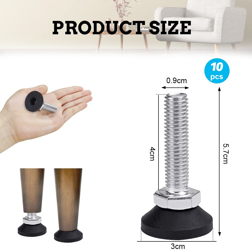 10 PCS M10 Furniture Leveling Screws - Adjustable Leg Levelers for Tables, Cabinets, Chairs & Beds - Black & Silver (PP + Galvanized Steel) - Perfect for Uneven Floors & Wobbly Furniture