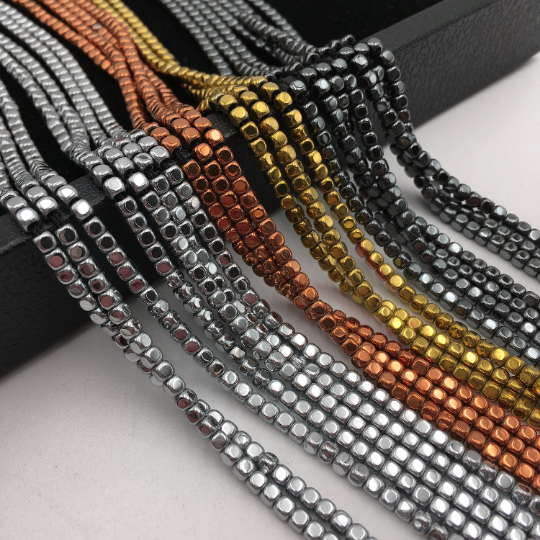 Gray/Gold/Silver/Copper Plated Hematite Smooth Dice Cube Beads 2x2mm - 15.5 Inch Strand for Jewelry Making, DIY Crafts, and Bracelet Designs - Perfect for Beaders and Craft Enthusiasts