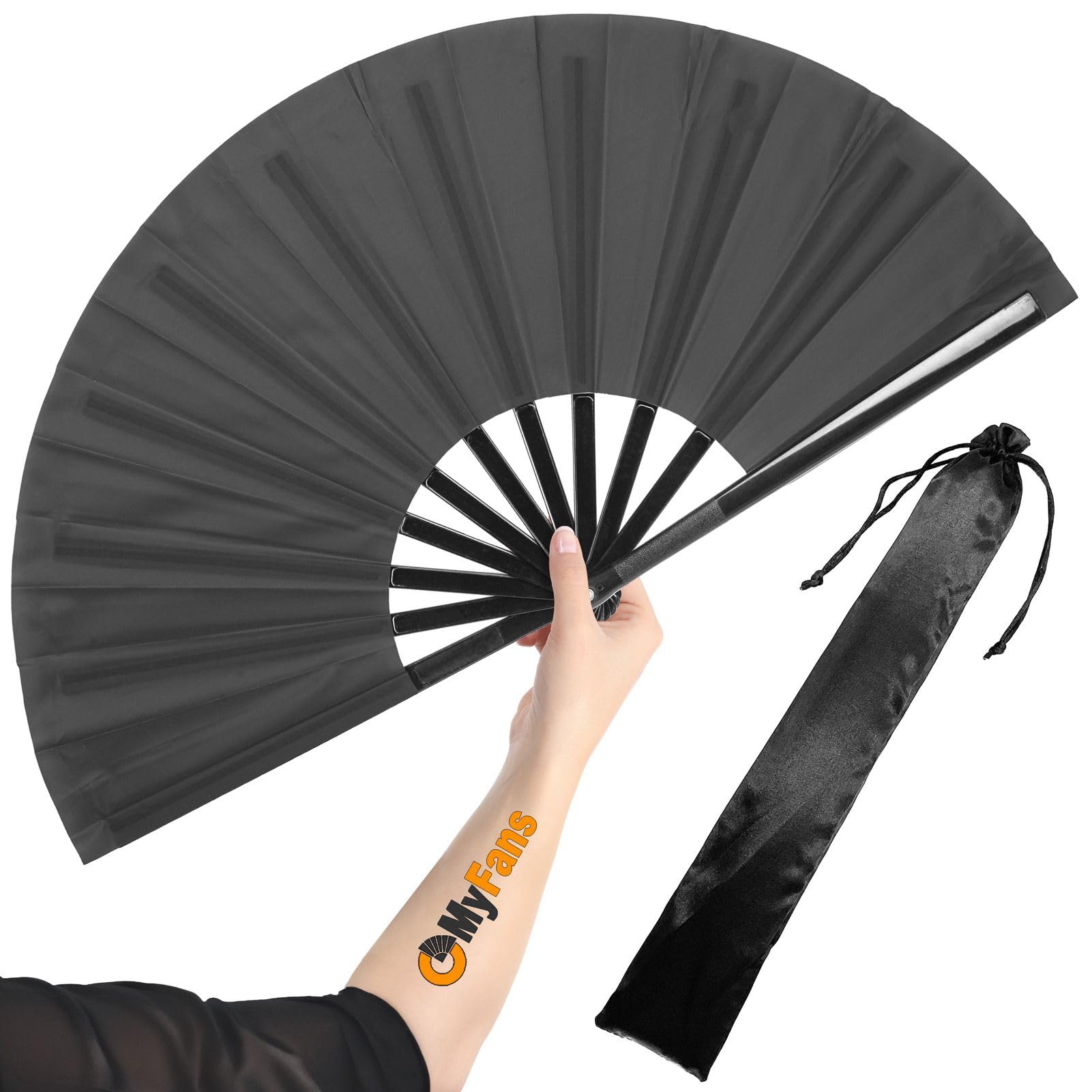 Large Rave Folding Hand Fan - Portable Chinese Tai Chi Kung Fu Fan for Dance, Yoga, Hot Flashes Relief - Perfect for EDM Festivals, Weddings, Church, Gifts & Home Decor (Black)