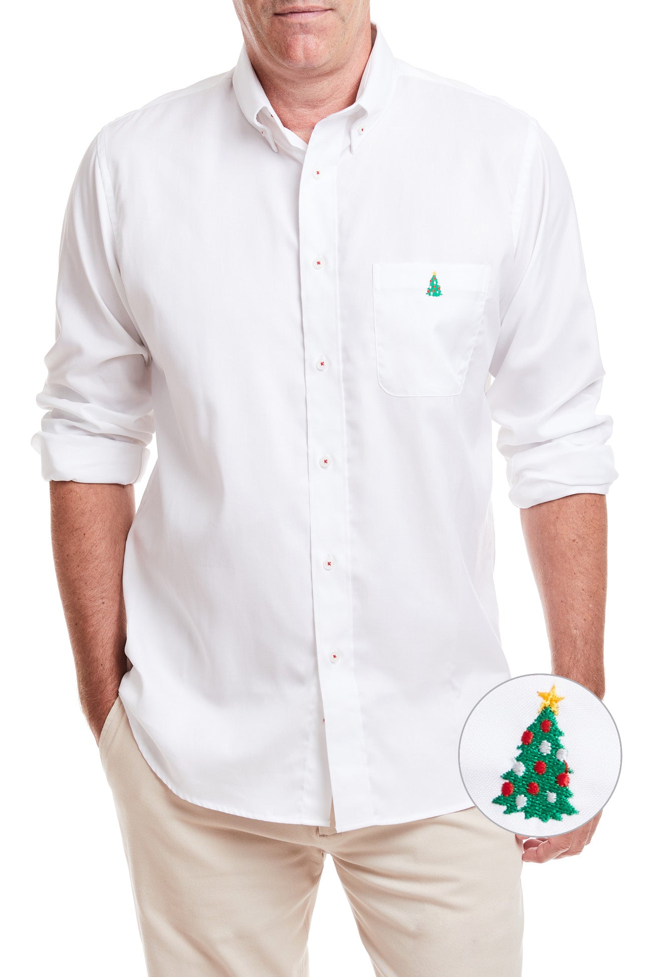 Chase White Oxford Shirt with Single Christmas Tree Design - Perfect for Holiday Parties, Office Wear & Festive Celebrations