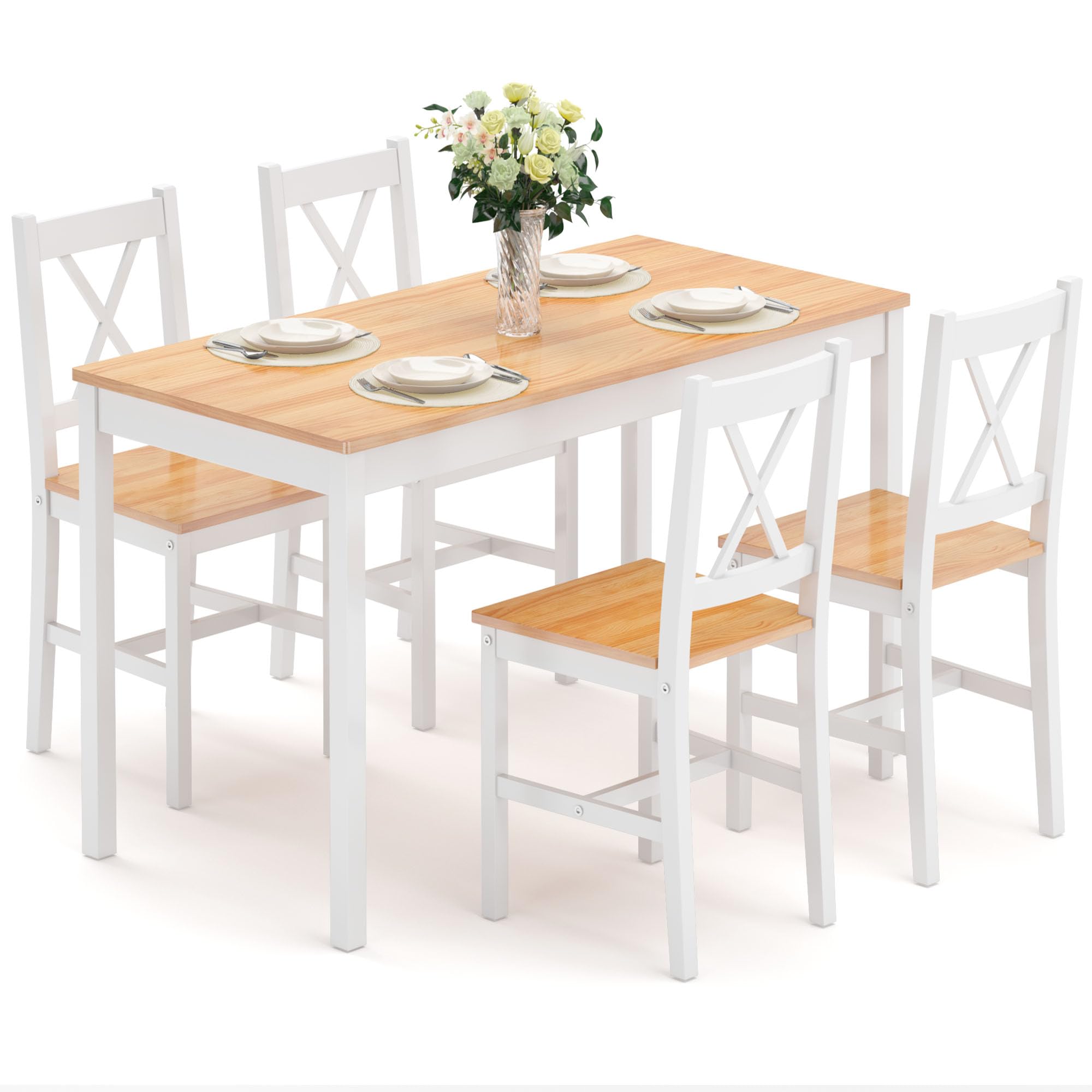 5-Piece Wooden Dining Table Set for 4 - SogesPower Kitchen Table with 4 Chairs, White & Oak Finish - Perfect for Small Spaces, Apartments, Restaurants & Cozy Dining Rooms