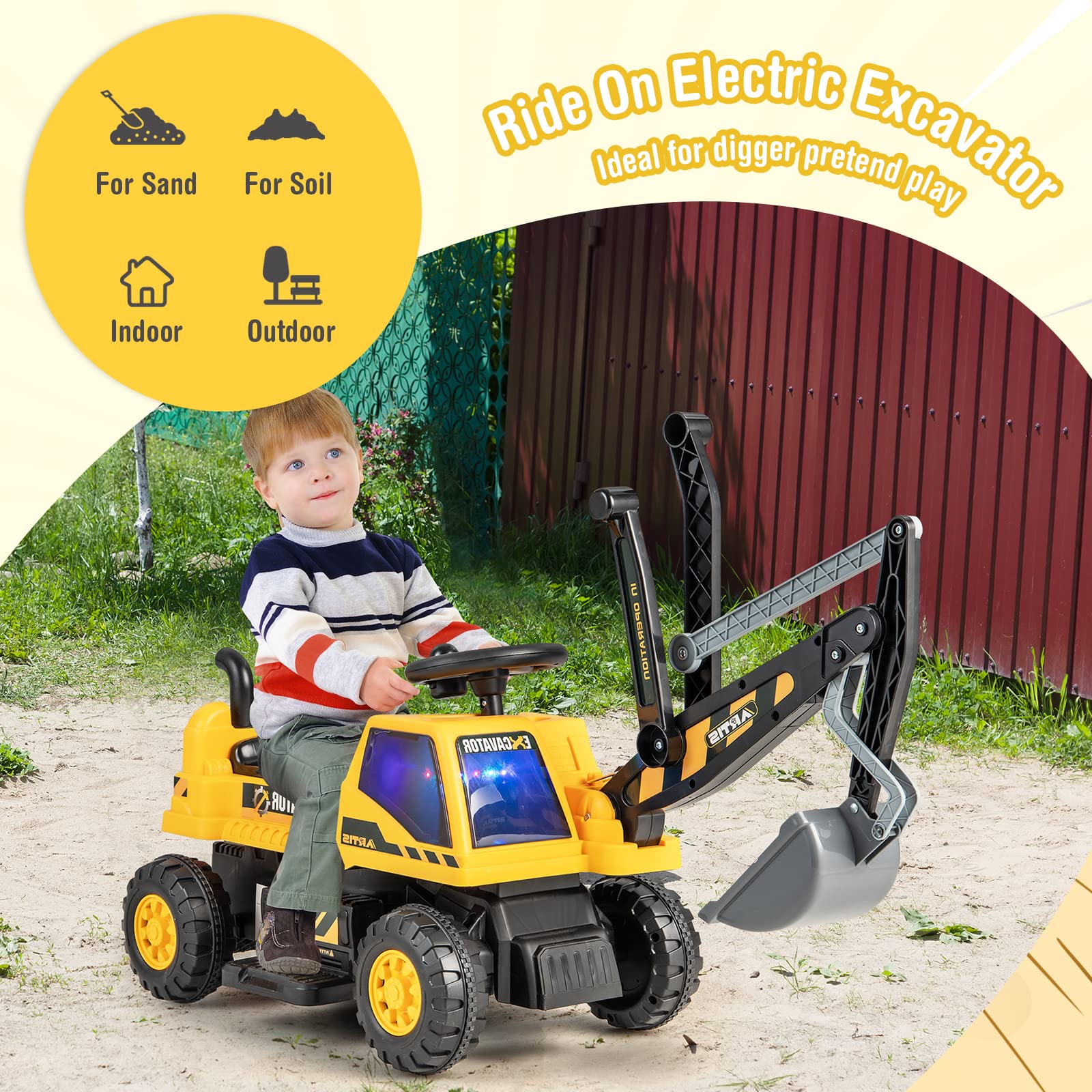 GOPLUS Kids Electric Excavator Toy with Pedals & Flexible Shovel - Yellow Ride-On Toy with Hidden Storage Space - Best Gift for 3+ Year Old Boys & Girls - Perfect for Indoor Play, Outdoor Sandbox Fun & Construction Pretend Play