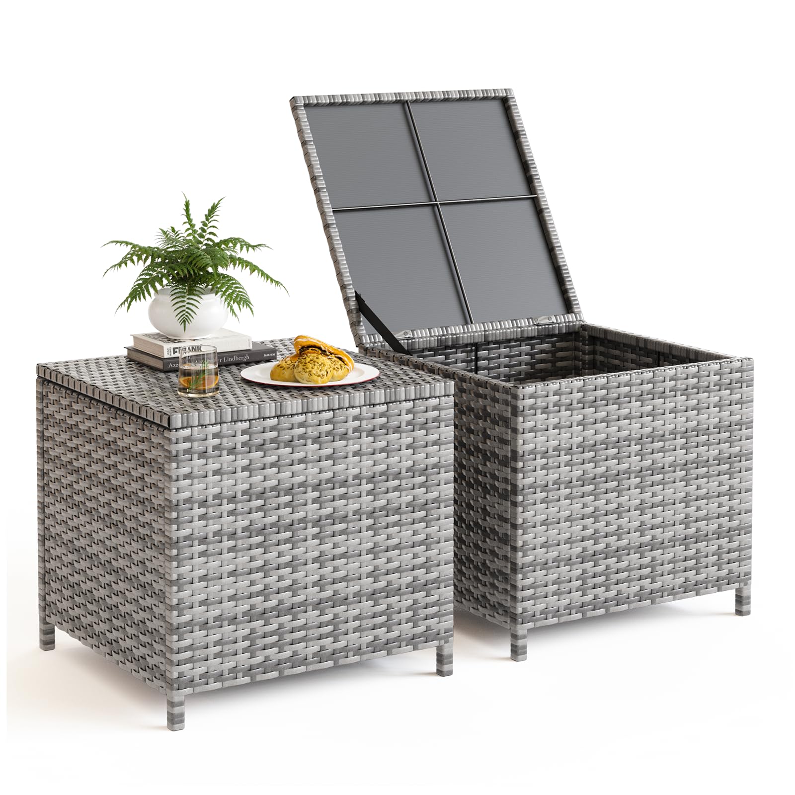 UDPATIO 2-Piece Outdoor Wicker Side Table Set with Storage - Rattan End Tables & Resin Square Container Coffee Tables for Patio, Backyard, Pool - Perfect for Furniture Covers, Toys, Gardening Tools (Grey) - Ideal for Outdoor Entertaining, Relaxation & Storage Solutions
