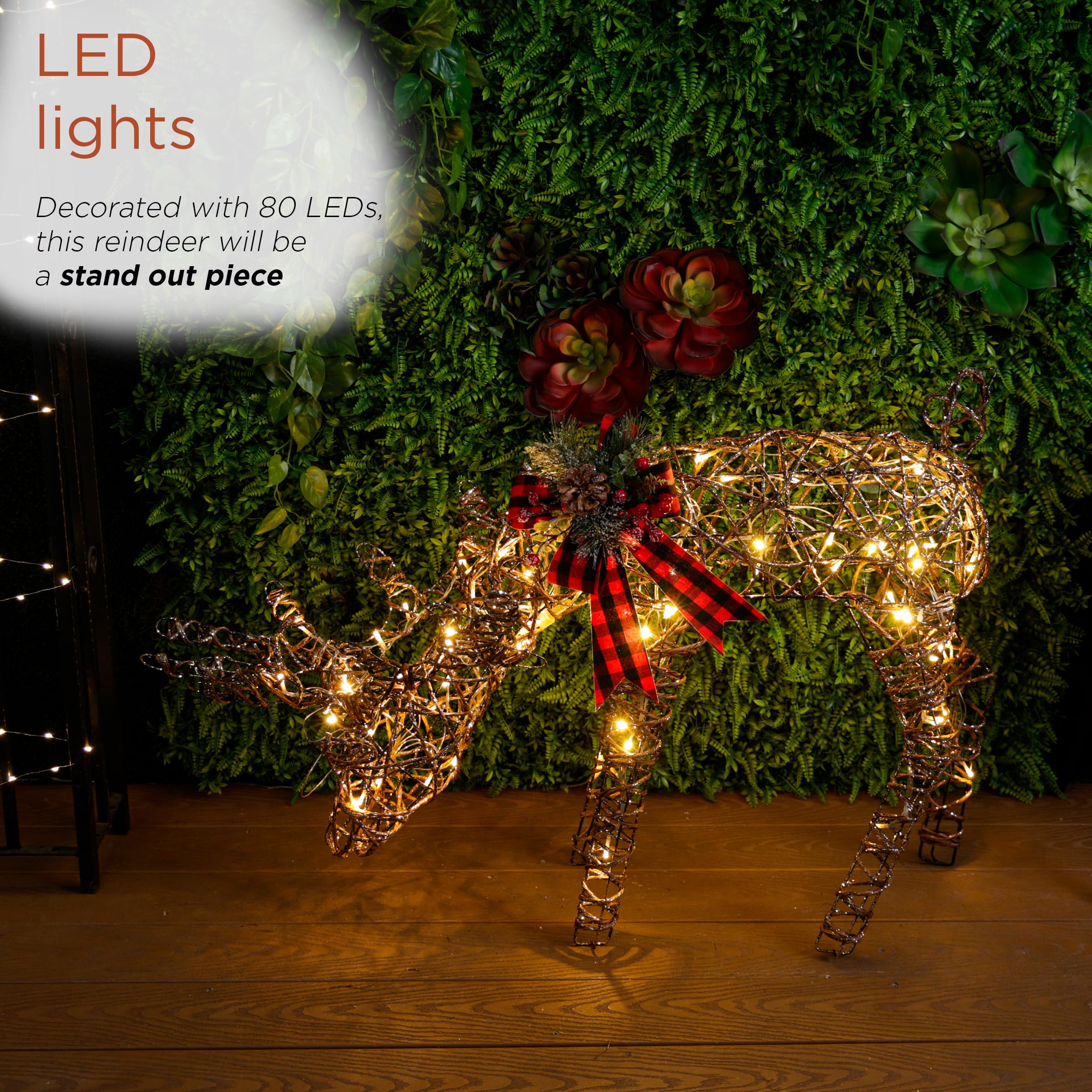Rattan Grazing Reindeer with Bow & LED Lights - Christmas Holiday Home Decor for Mantel, Tabletop, and Outdoor Garden