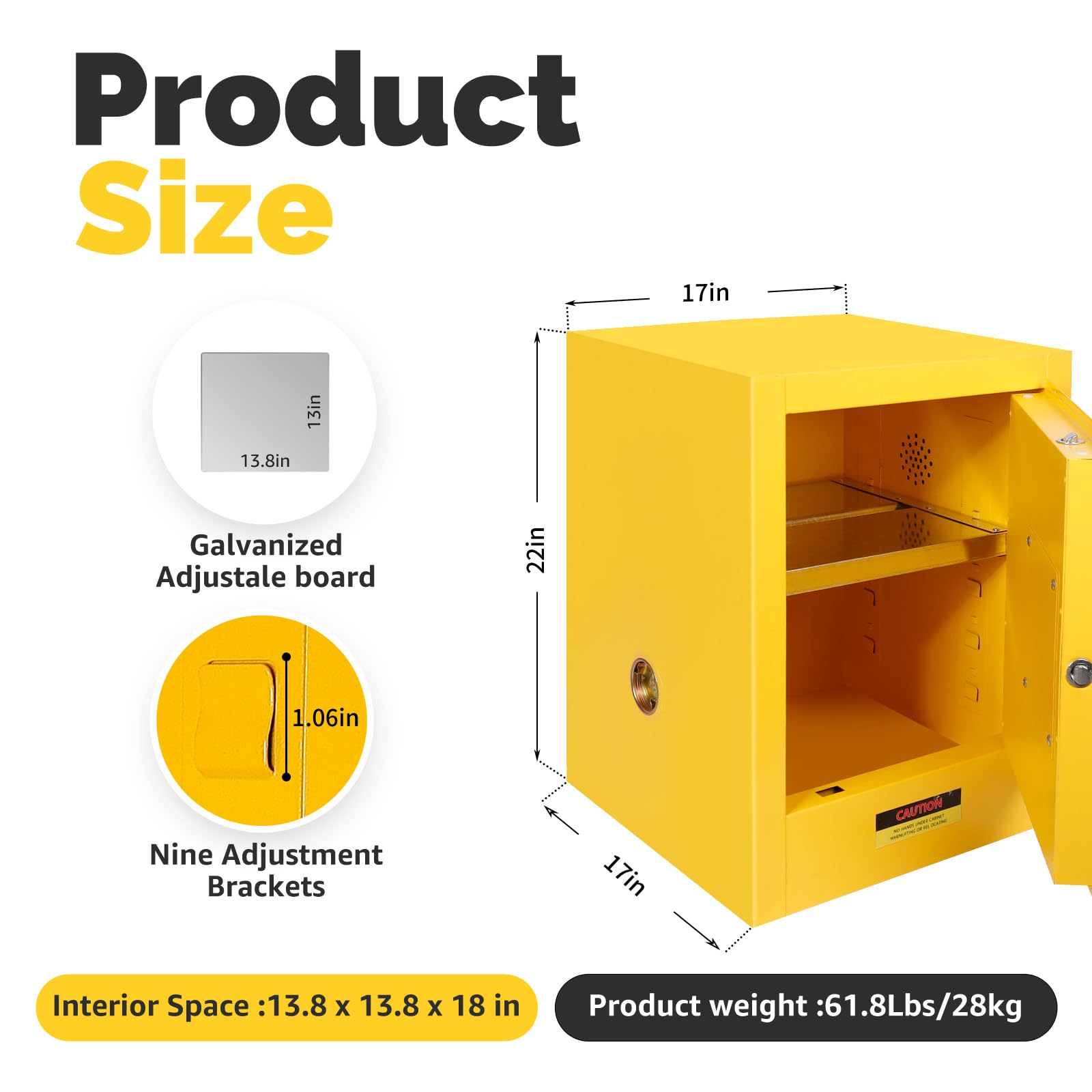 Flammable Safety Storage Cabinet 22H x 17W x 17D - Galvanized Steel Hazardous Material Cabinet with Adjustable Shelves | Fireproof Chemical Storage for Home, Garage & Industrial Use | OSHA Compliant Yellow Safety Cabinet for Paint, Solvents & Flammable Liquids