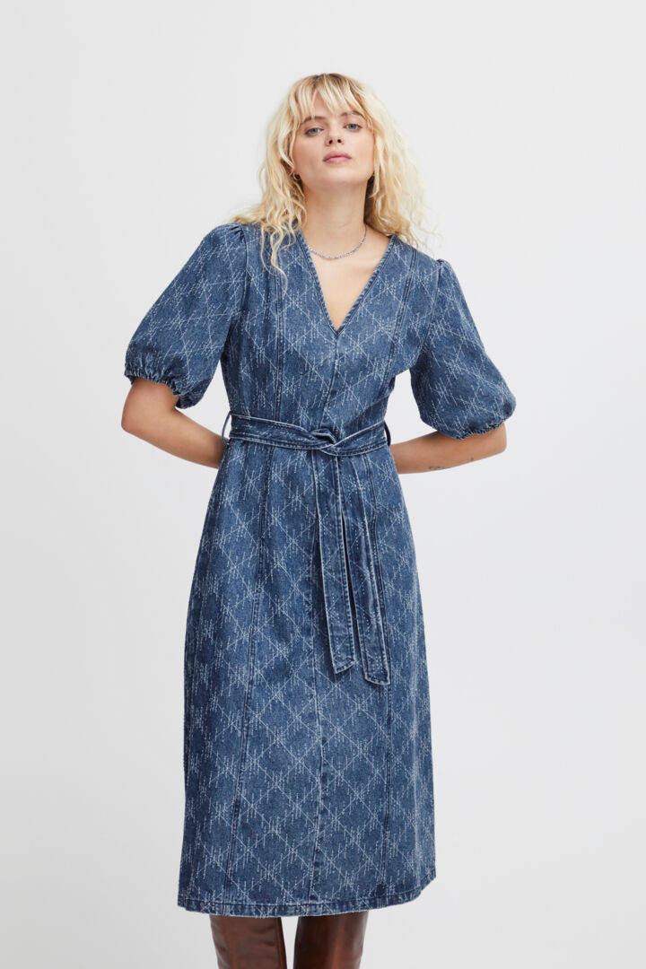 HASKI Women's Denim Midi Dress - Medium Blue Wash, Casual & Chic Style for Everyday Wear, Perfect for Outings, Dates, and Office