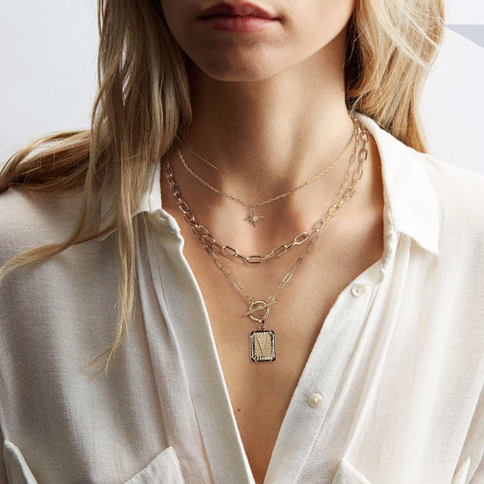 MJartoria 14K Gold Plated Initial Necklace for Women - Trendy Layered Star Choker with Square Letter Pendant & Paperclip Chain - Elegant Gold Jewelry Gift for Birthday, Anniversary & Everyday Wear