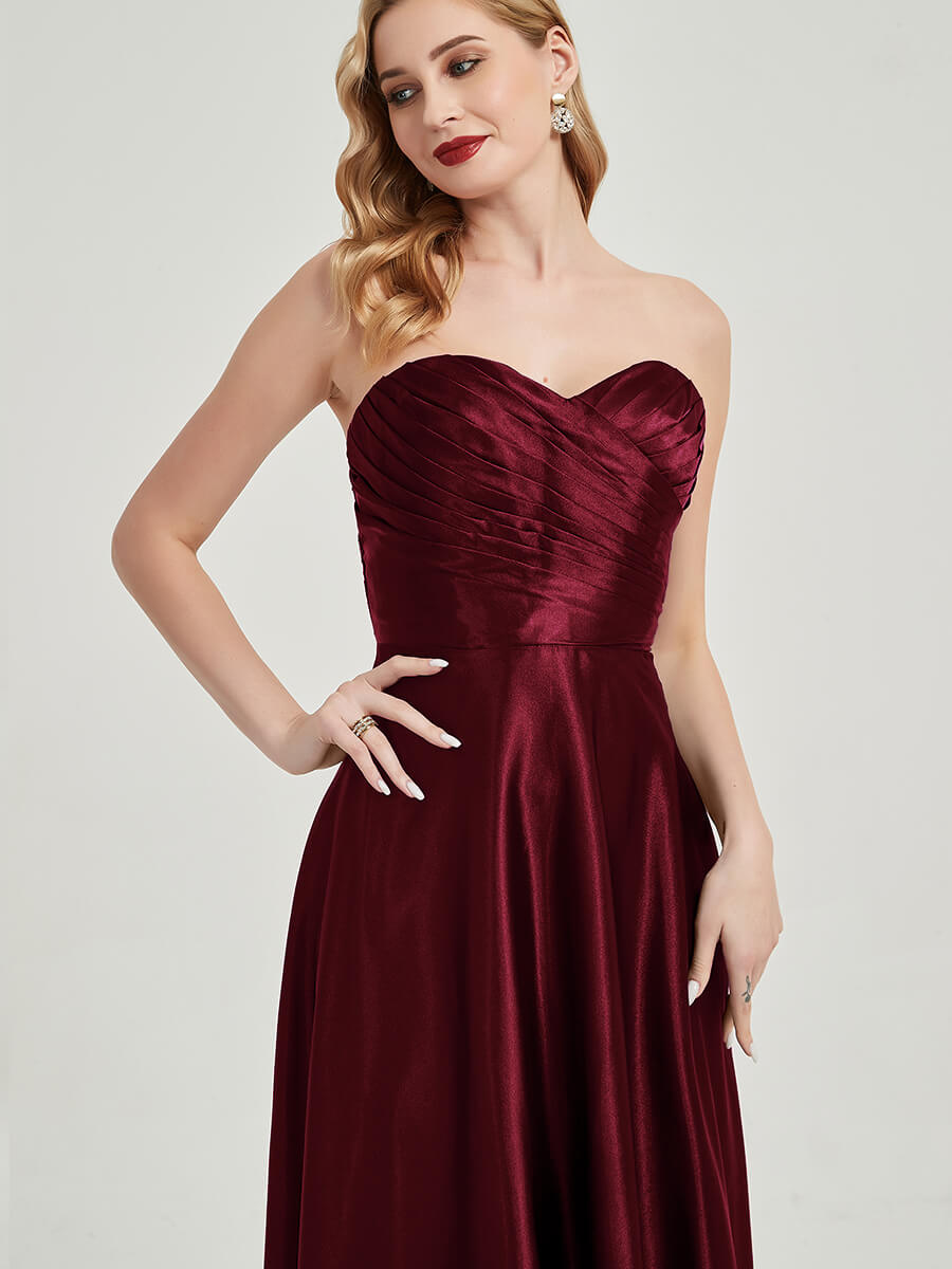 Burgundy Satin Sweetheart Strapless Maxi Pleated Bridesmaid Dress - Elegant Formal Gown for Weddings, Prom & Evening Events