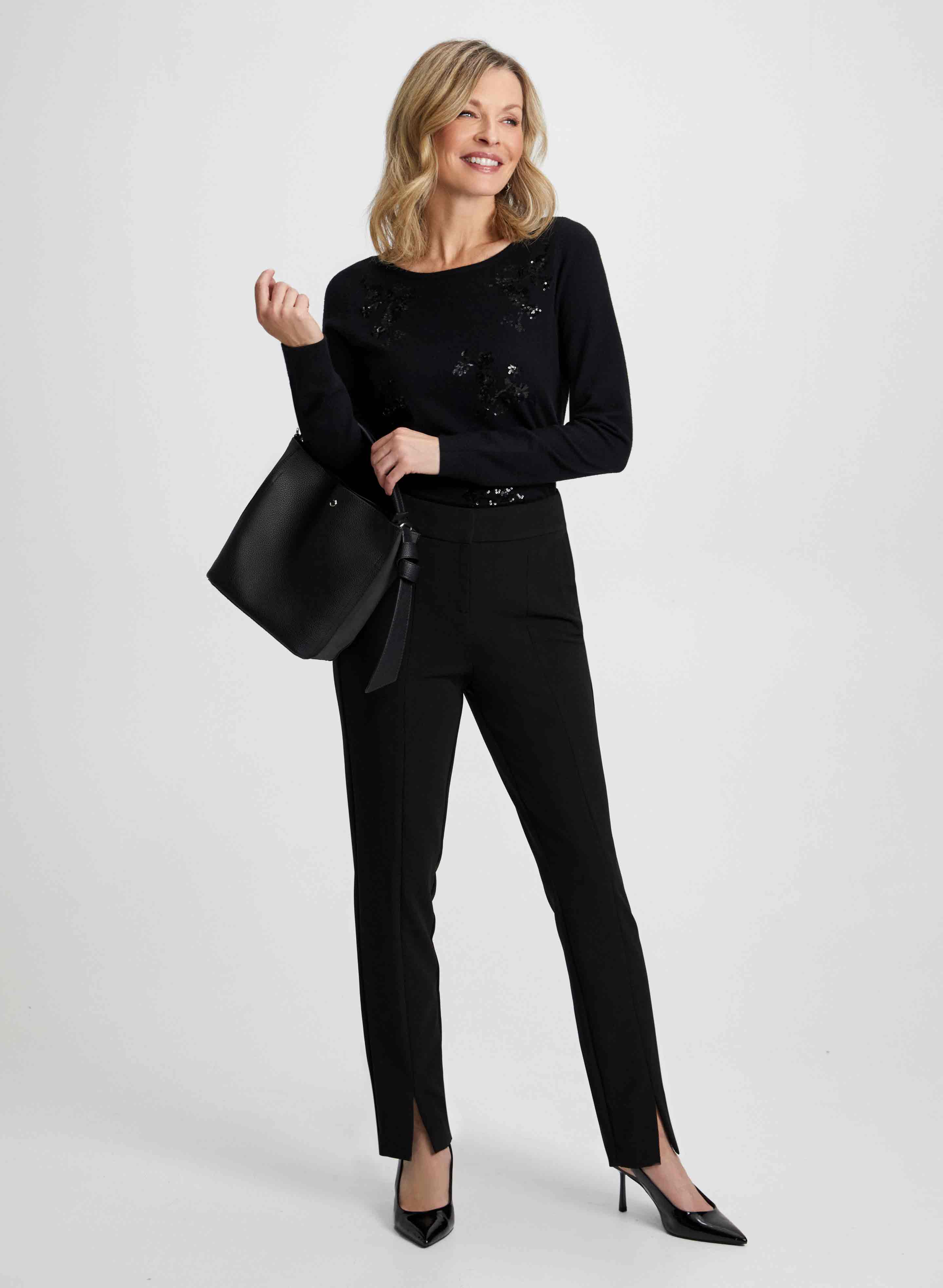 Floral Appliqué Blouse & High-Waisted Front Slit Jeans Set - Women's Fashion Outfit for Spring/Summer, Date Night & Casual Wear