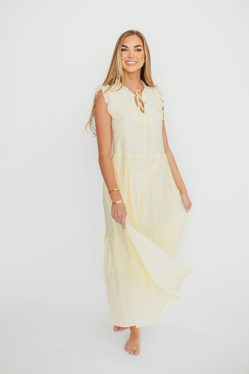 Brynn Ruffle Tiered Midi Dress in Ecru - Elegant Flowy Summer Dress for Women, Perfect for Weddings, Parties & Date Nights