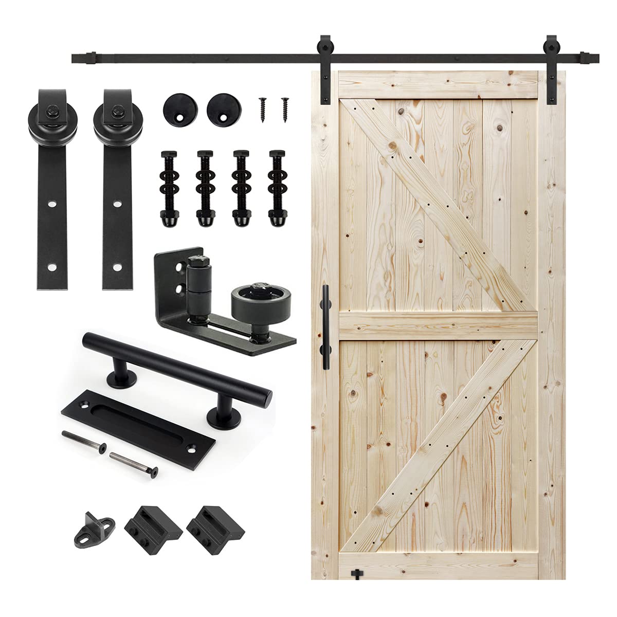 42 x 84 Inch Unfinished British Brace Knotty Barn Door with 8FT Sliding Hardware Kit - Solid Wood Sliding Barn Door for Bedroom or Living Room - Easy Assembly Double Surface J-Shape Track System