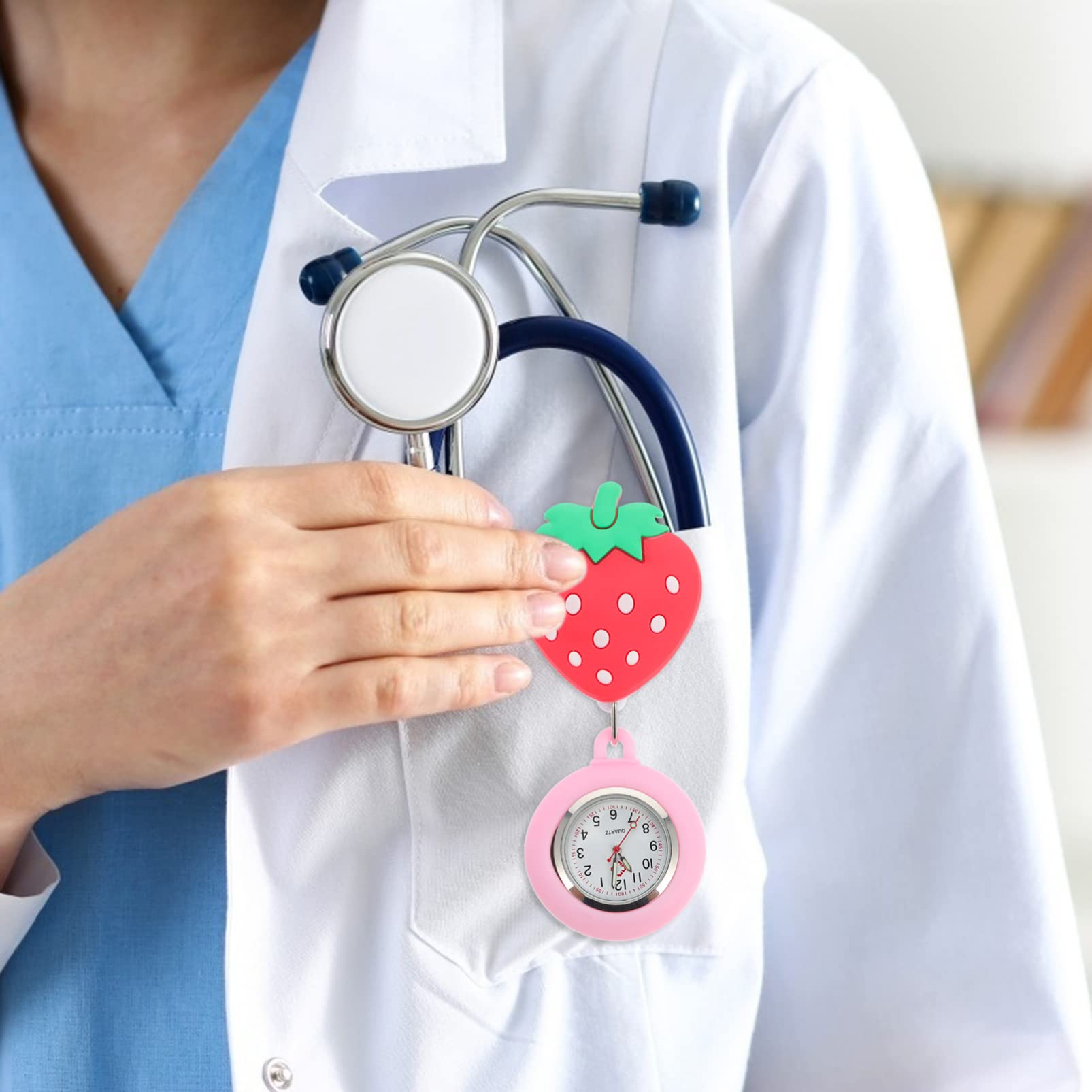 Hemobllo Retractable Pocket Watch - Cartoon Strawberry Design, Portable Hanging Lapel Watch for Doctors & Nurses (Ideal for Medical Professionals, Hospital Shifts & Clinical Use)
