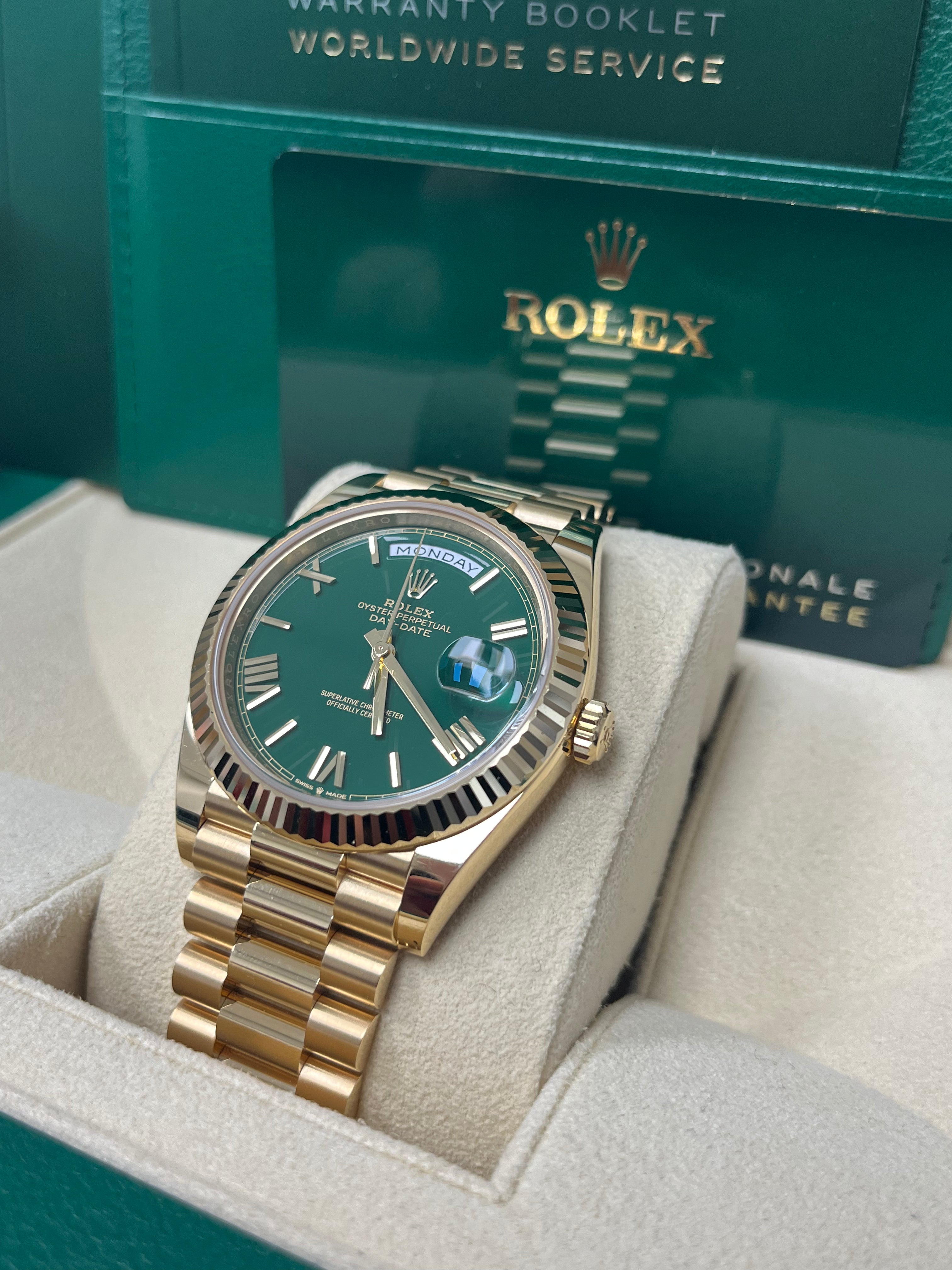 Rolex Day Date 40mm Men's Watch - 18K Yellow Gold Case, Green Roman Dial (Model 228238) | Luxury Dress Watch for Business & Formal Occasions