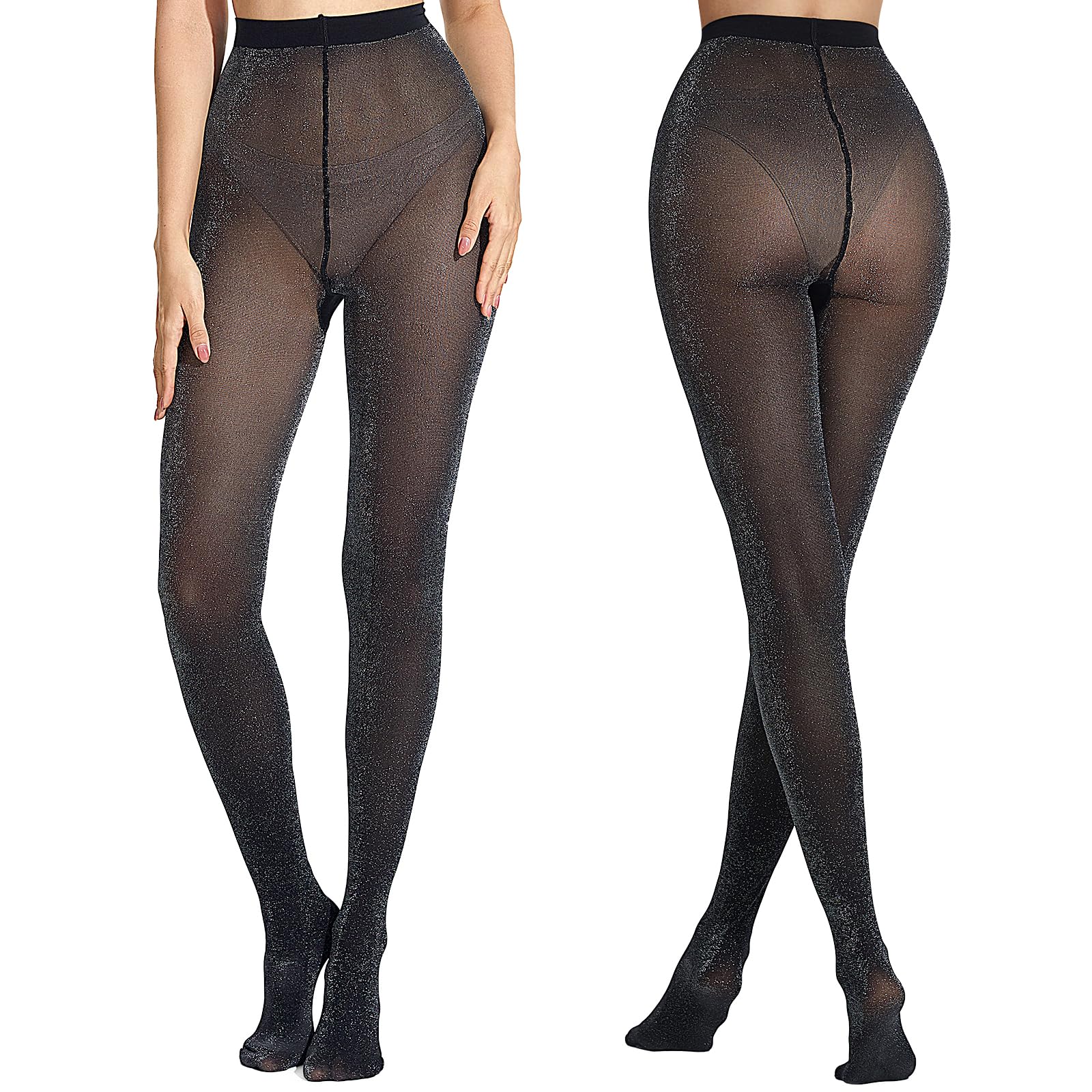 MANZI Women's Lurex Glitter Tights - Metallic Sparkly Stockings & Shimmer Pantyhose (2 Pairs) for Party, Cosplay, Dance & Festive Occasions