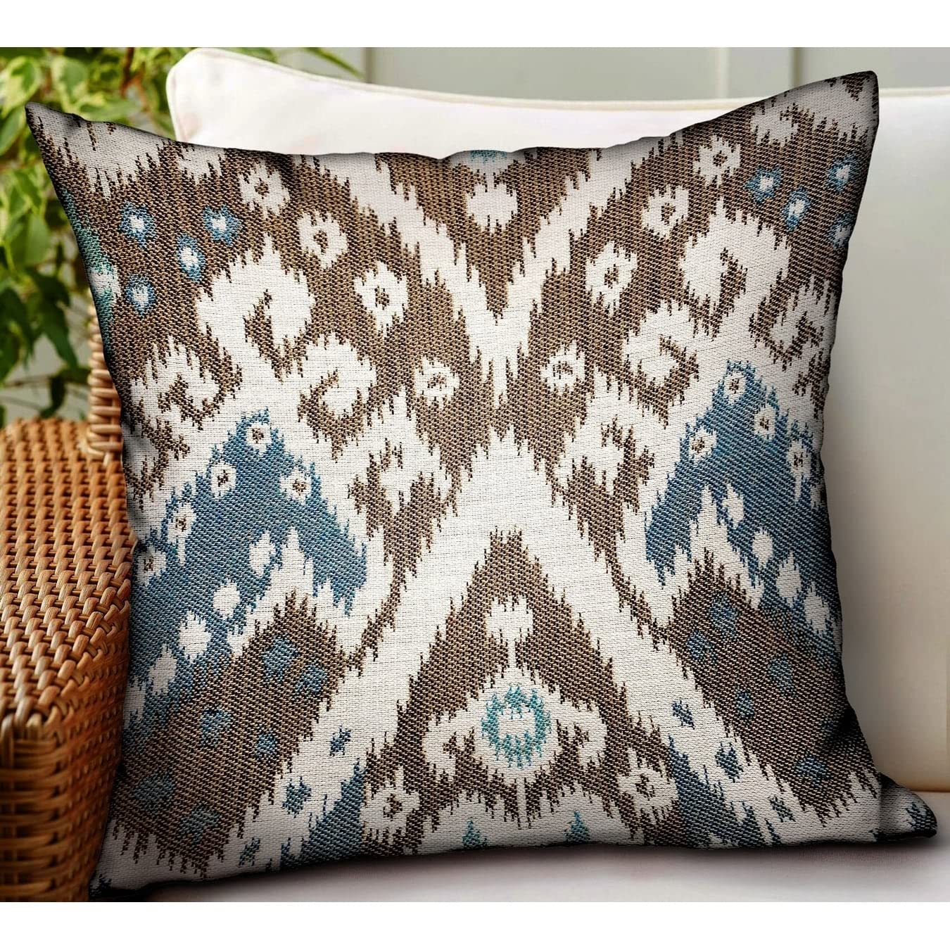 Plutus Brands Shoshone Valley Blue Brown Ikat Luxury Outdoor/Indoor Throw Pillow - Decorative Cushion for Sofa, Bed, Patio & Living Room