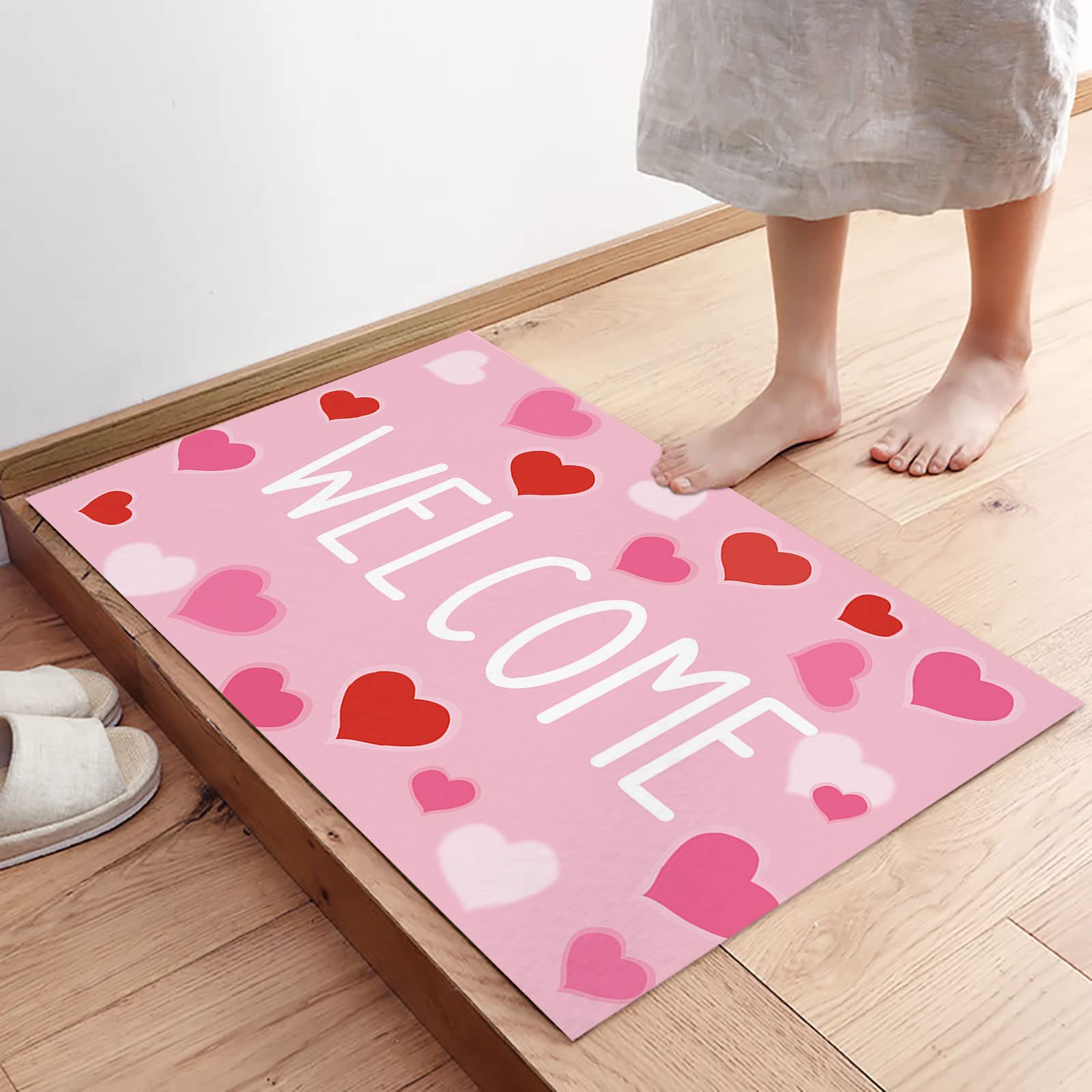 Valentine's Day Heart-Shaped Welcome Doormat - Non-Slip Pink Love Mat for Front Door, Indoor Entry, Kitchen, Bathroom, Porch & Patio - Washable Floor Rug 20