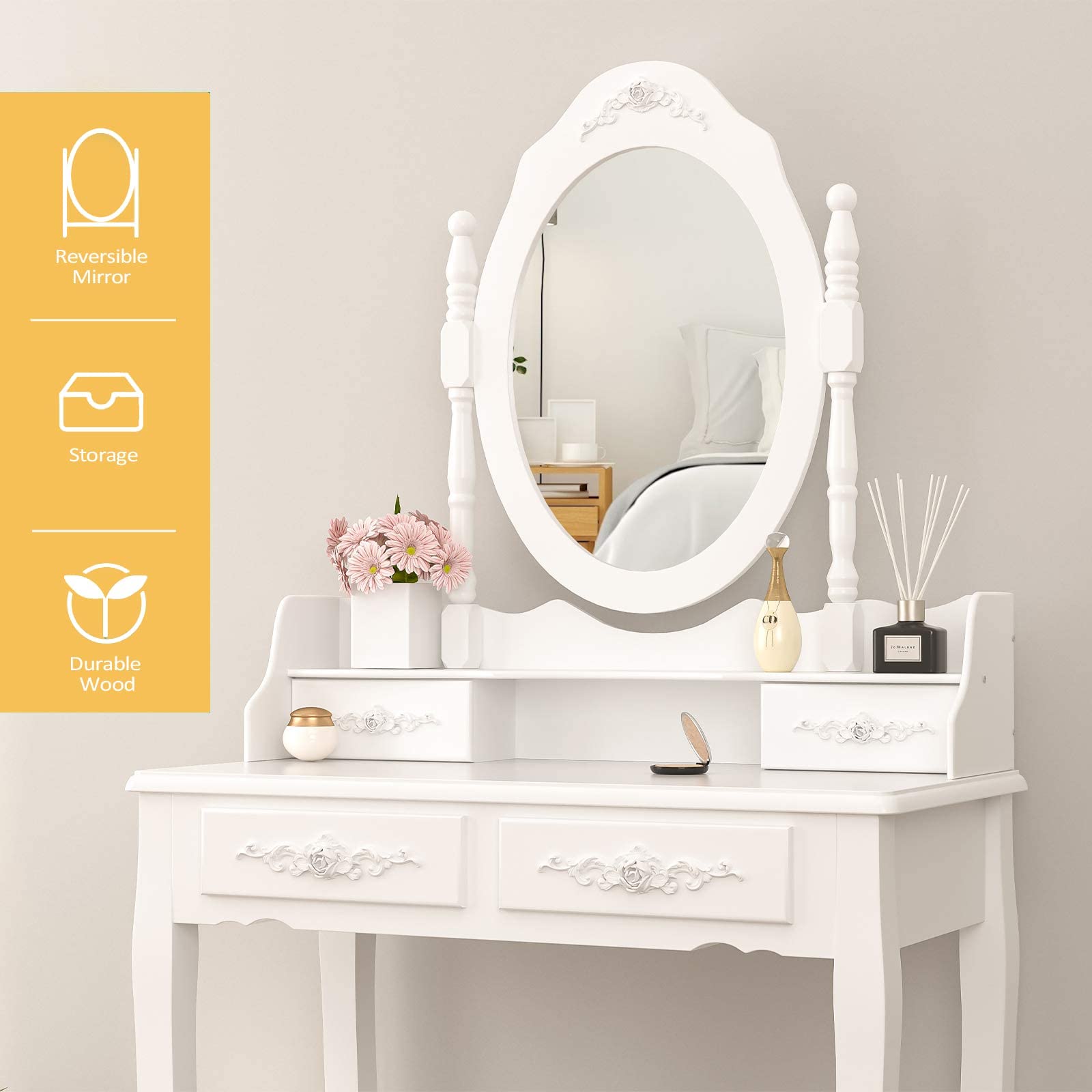Alohappy Vanity Set with Mirror & Stool - 4 Drawer Wood Dressing Table for Bedroom Makeup