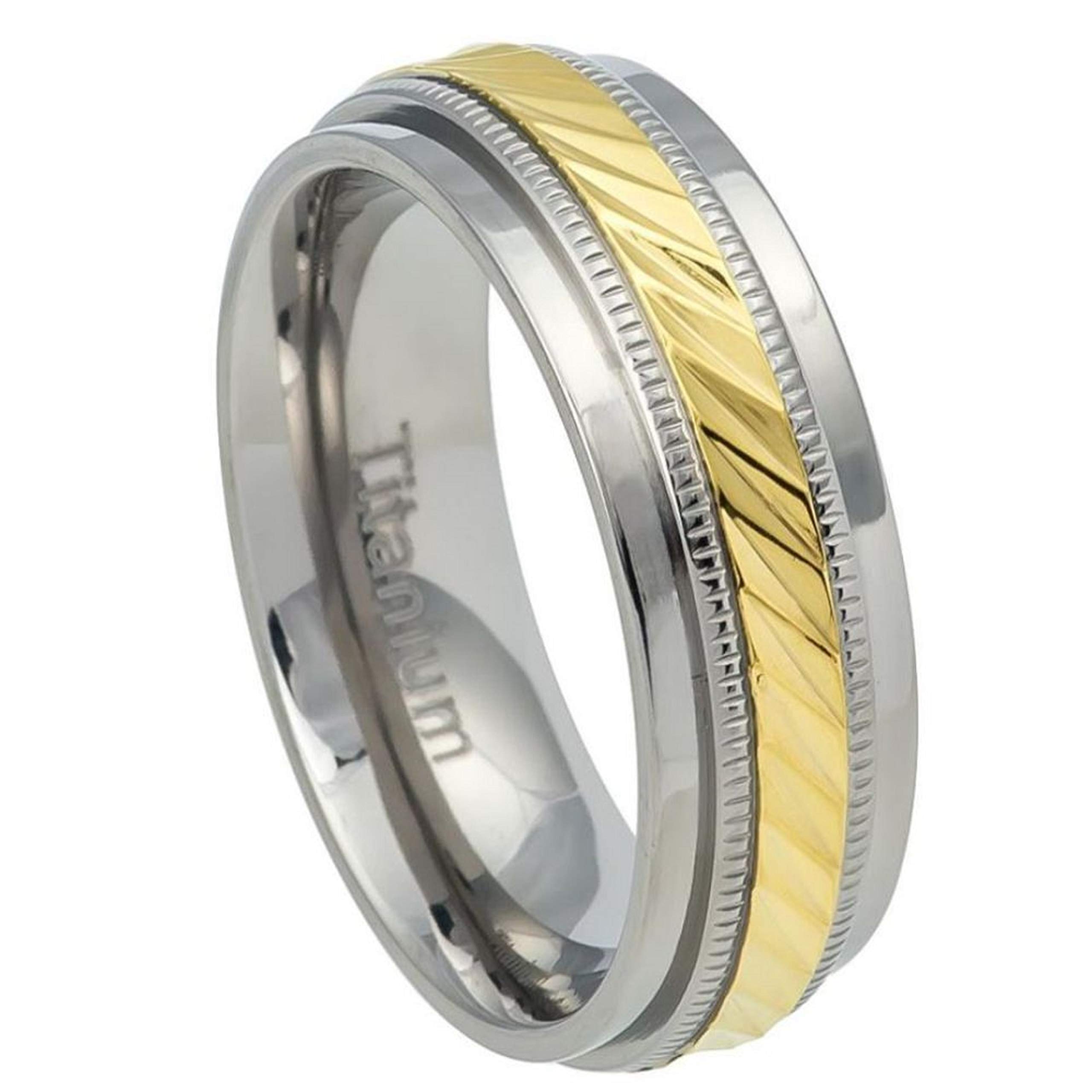 Personalized Titanium Wedding Rings for Men & Women - Free Laser Engraving - 7.5mm Yellow IP Milgrain Band with Notched Center - Perfect Couples Rings for Anniversaries, Engagements & Special Occasions