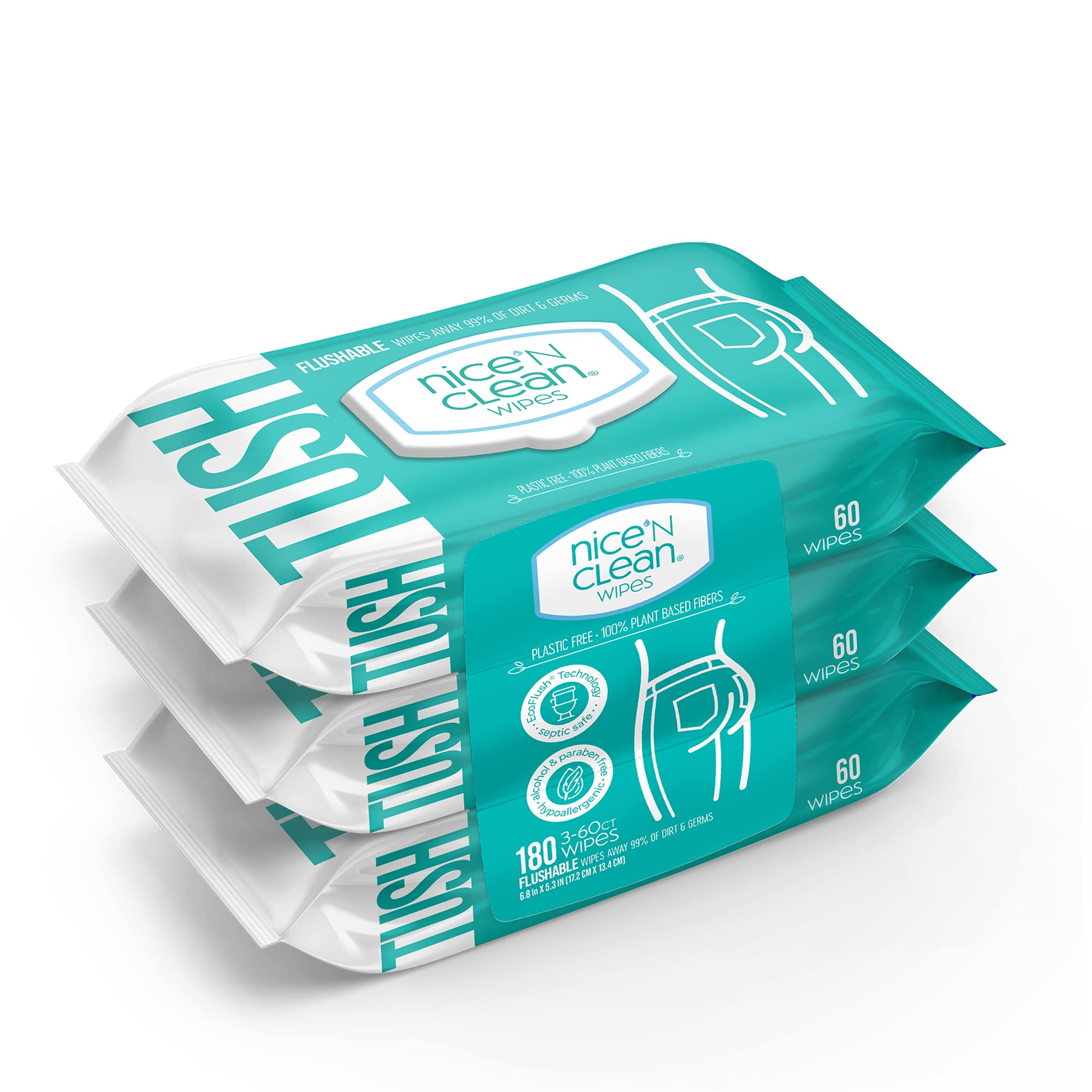 Nice 'N Clean Adult Flushable Wipes - 3 Pack (180 Wipes Total) | Plant-Based Biodegradable Personal Cleansing Wipes with Aloe Vera & Vitamin E | Gentle for Sensitive Skin, Ideal for Travel, Gym & Postpartum Care