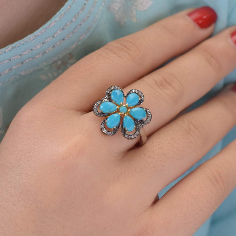 Handmade Natural Diamond Ring for Women - 0.2 Carat Brown Diamond (I2-I3 Clarity) & 2ct Blue Turquoise Flower Ring - Elegant Anniversary & Birthday Gift for Her - Perfect for Weddings, Date Nights & Special Occasions