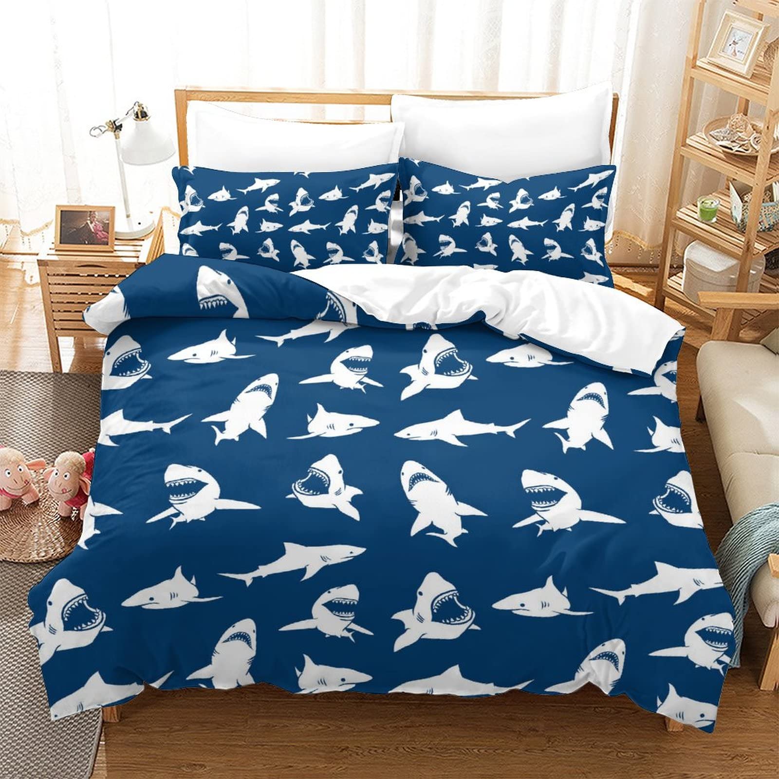 Shark Themed Kids Bedding Set - Cartoon Shark Duvet Cover 3 Piece Set with Zipper Closure | Nautical Ocean Pattern Bedding for Boys & Girls | Perfect for Kids' Rooms, Sleepovers & Themed Bedrooms
