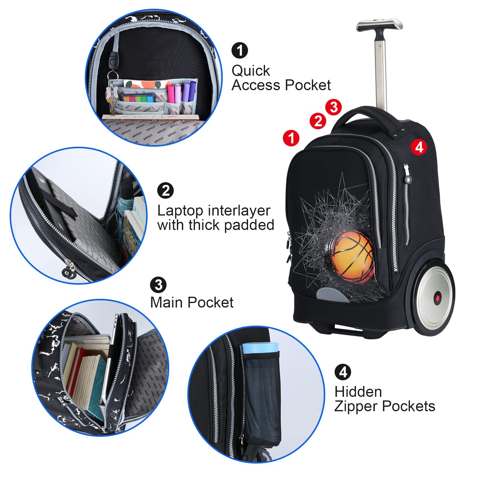UNIKER 14 Inch Rolling Laptop Backpack with Wheels - 20 Inch Wheeled Computer Bag for Business Travel & Commuting (Basketball Design) - Perfect for Airports, Office & College Campus Use
